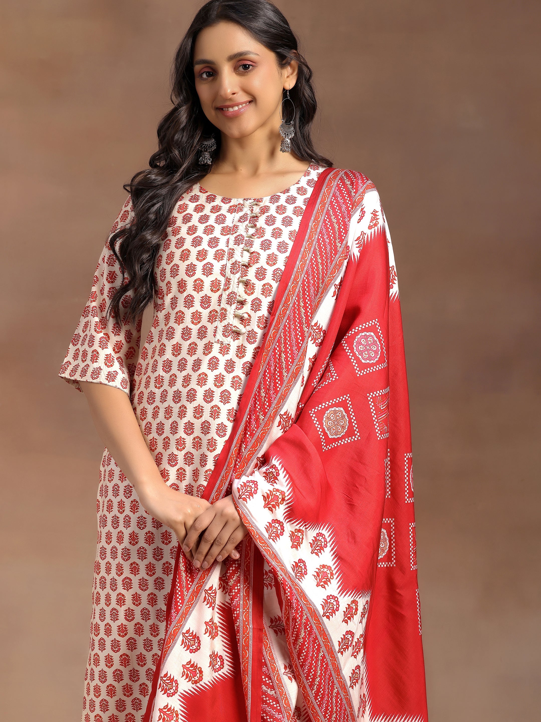 Beige Printed Silk Blend Straight Suit With Dupatta