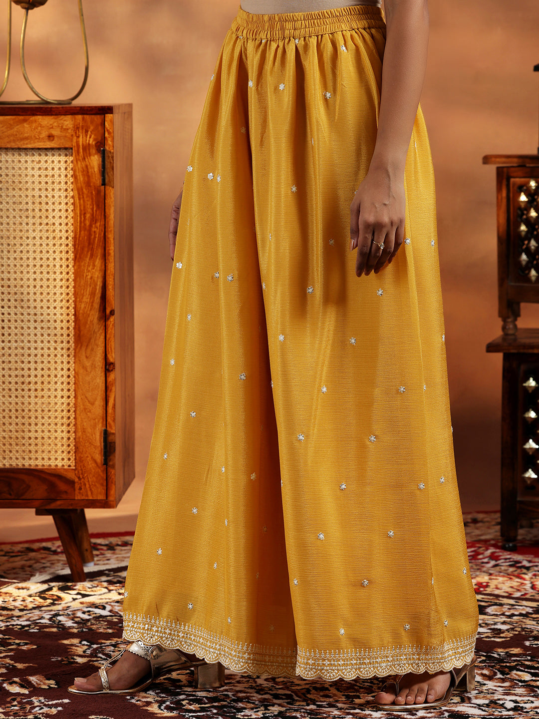 Mustard Embroidered Silk Blend Straight Suit With Dupatta