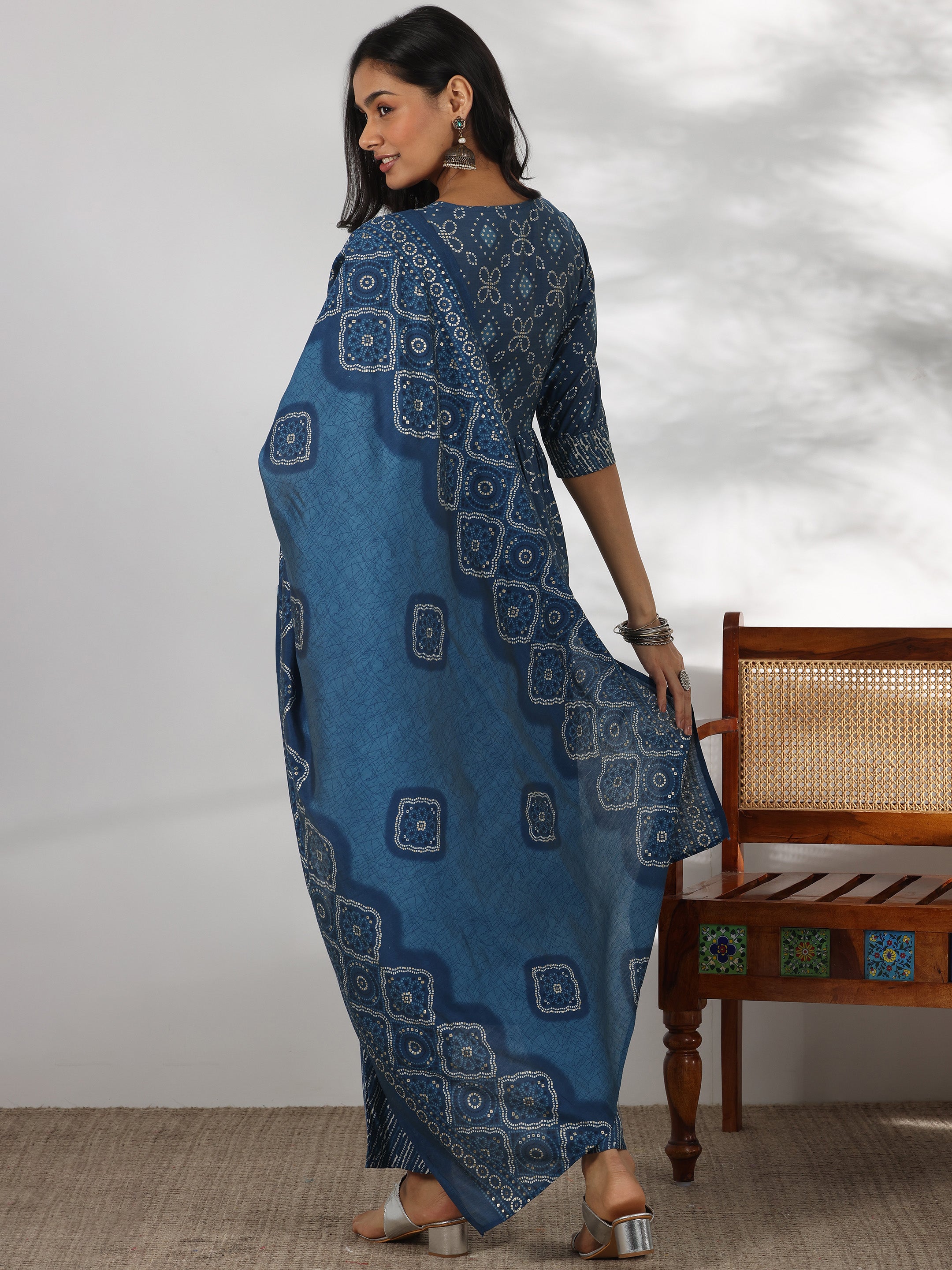 Blue Printed Silk Blend A-Line Kurta With Trousers & Dupatta