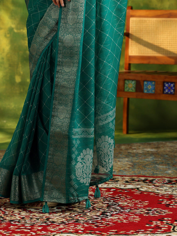 Rama Green Printed Silk Blend Saree With Unstitched Blouse Piece - Libas