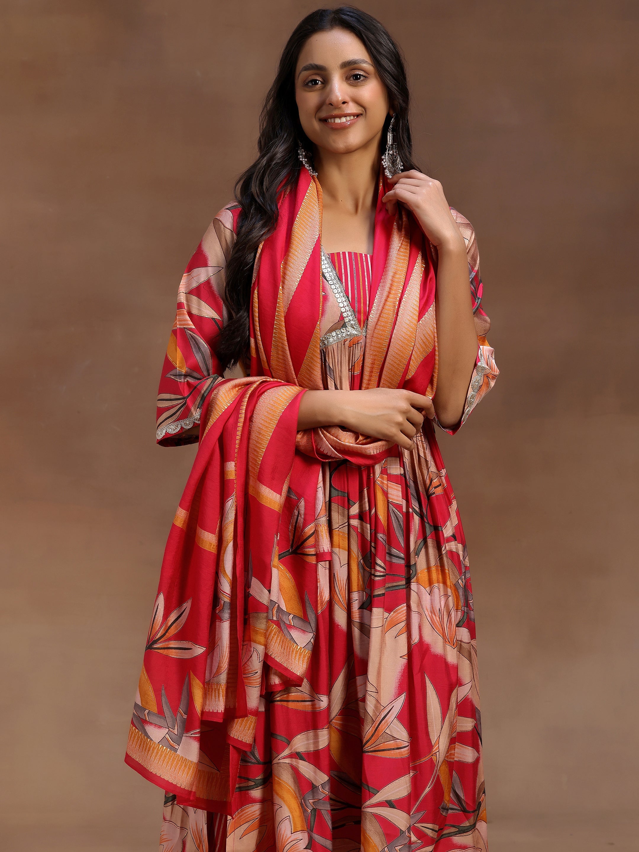 Pink Printed Silk Blend A-Line Kurta With Salwar & Dupatta