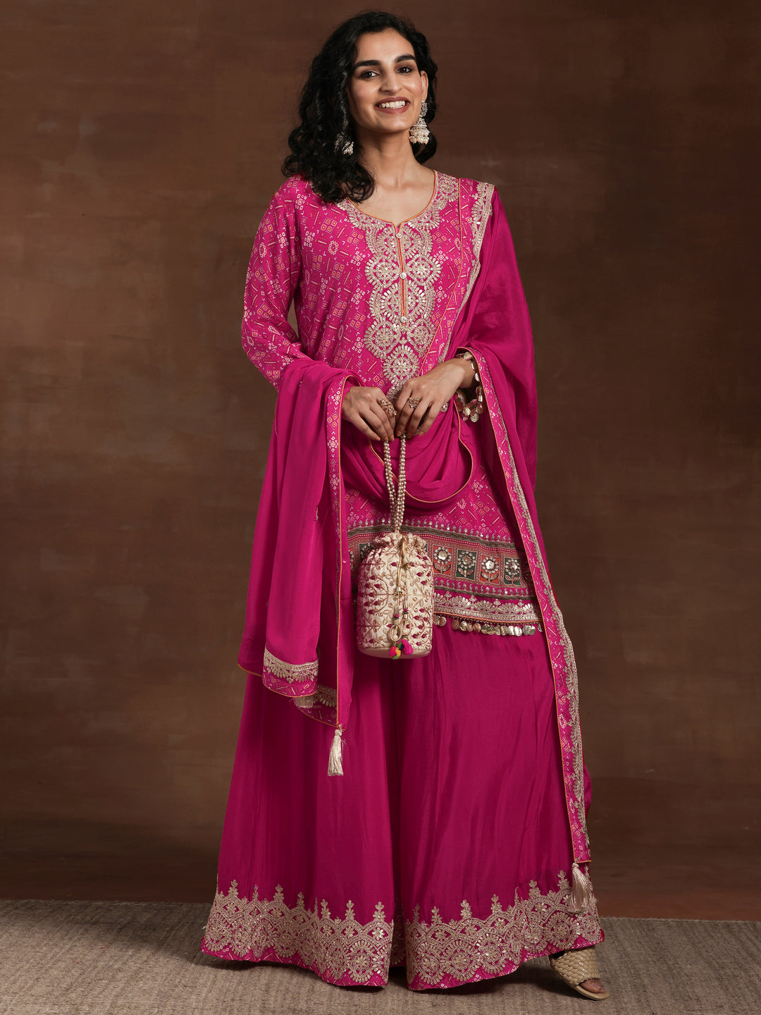 Libas Art Pink Printed Silk Blend Straight Suit With Dupatta