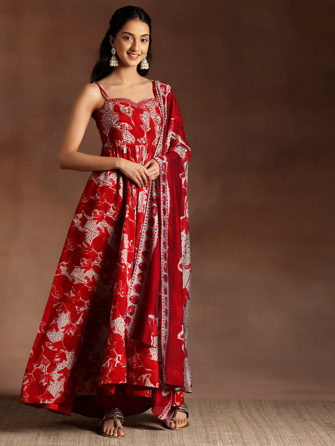 Red Printed Silk Blend Anarkali Suit With Dupatta