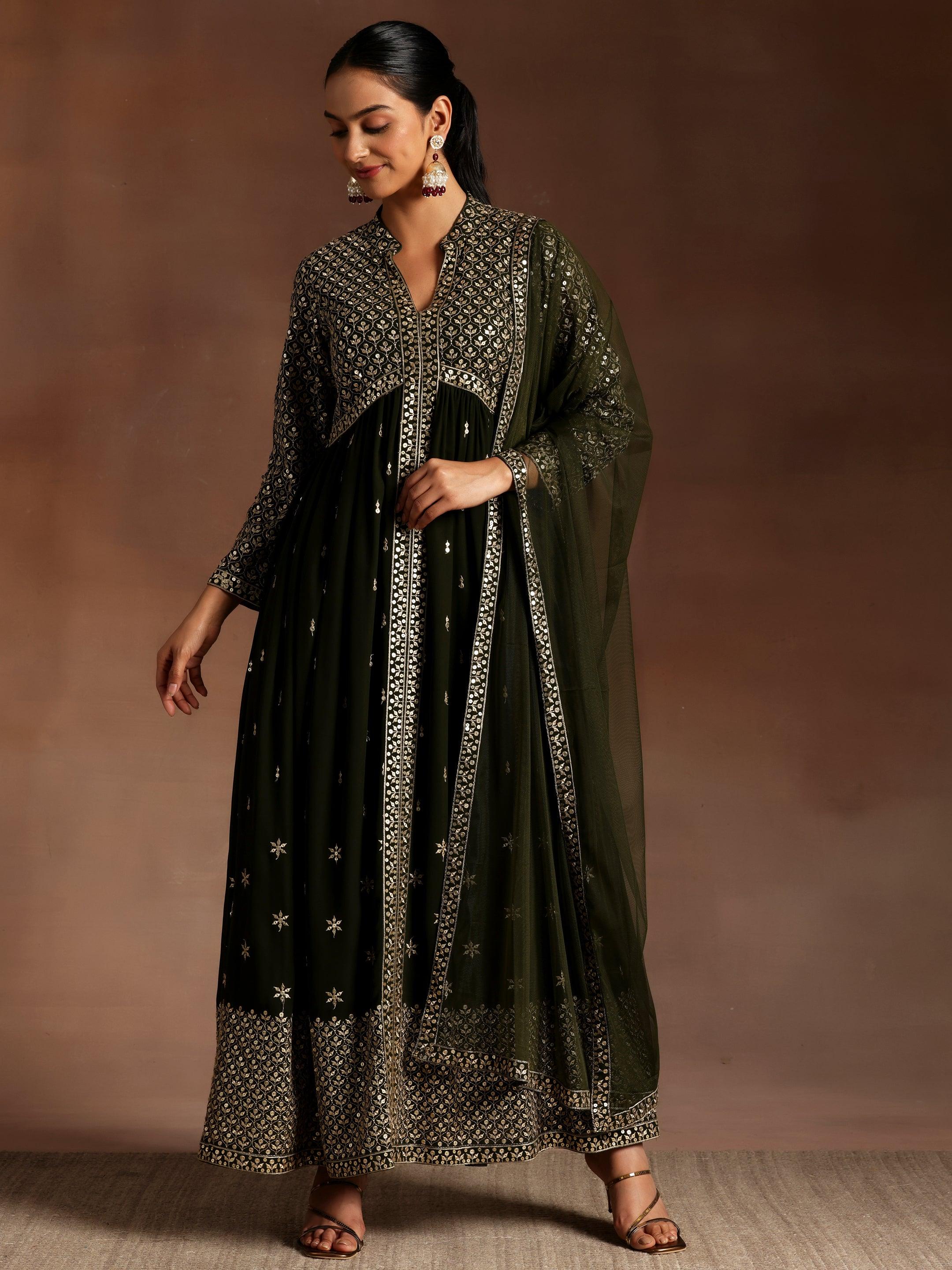 Chandni Olive Embroidered Georgette A-Line Kurta With Trousers & Dupatta