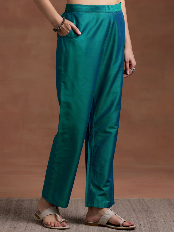 Teal Blue Solid Silk Blend A-Line Kurta With Trousers