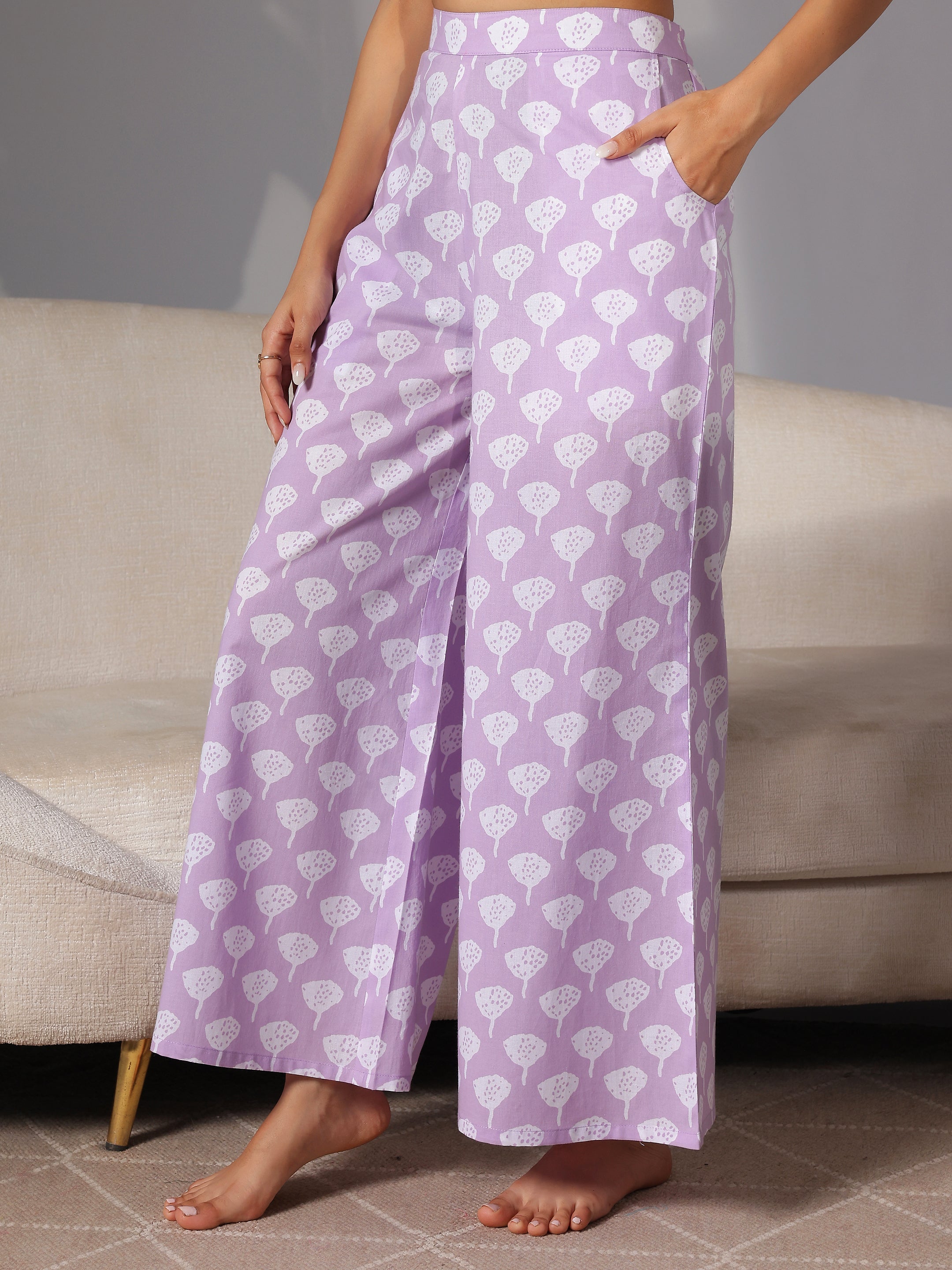 Lavender Printed Cotton Night Suits