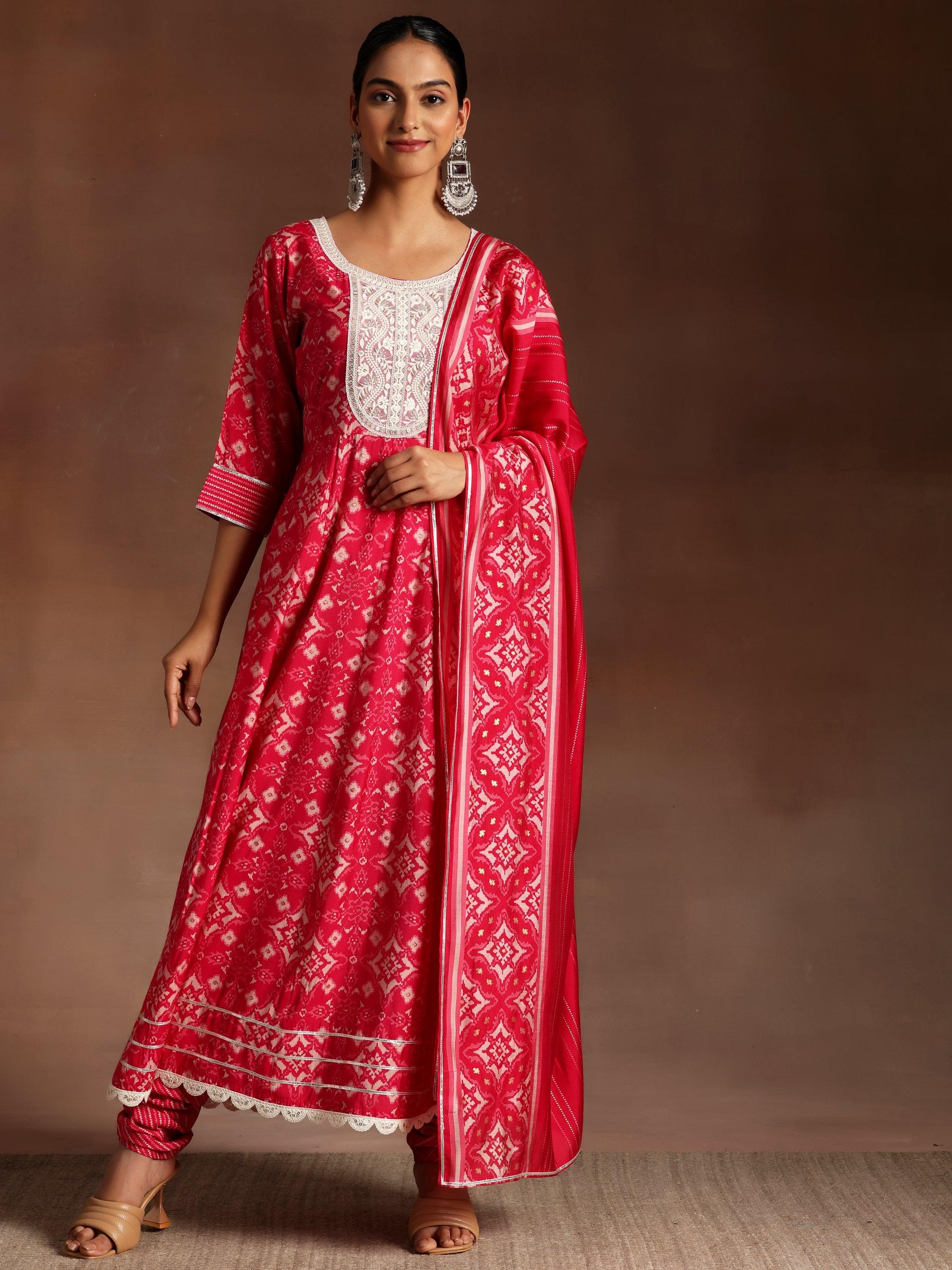 Pink Printed Silk Blend Anarkali Suit With Dupatta