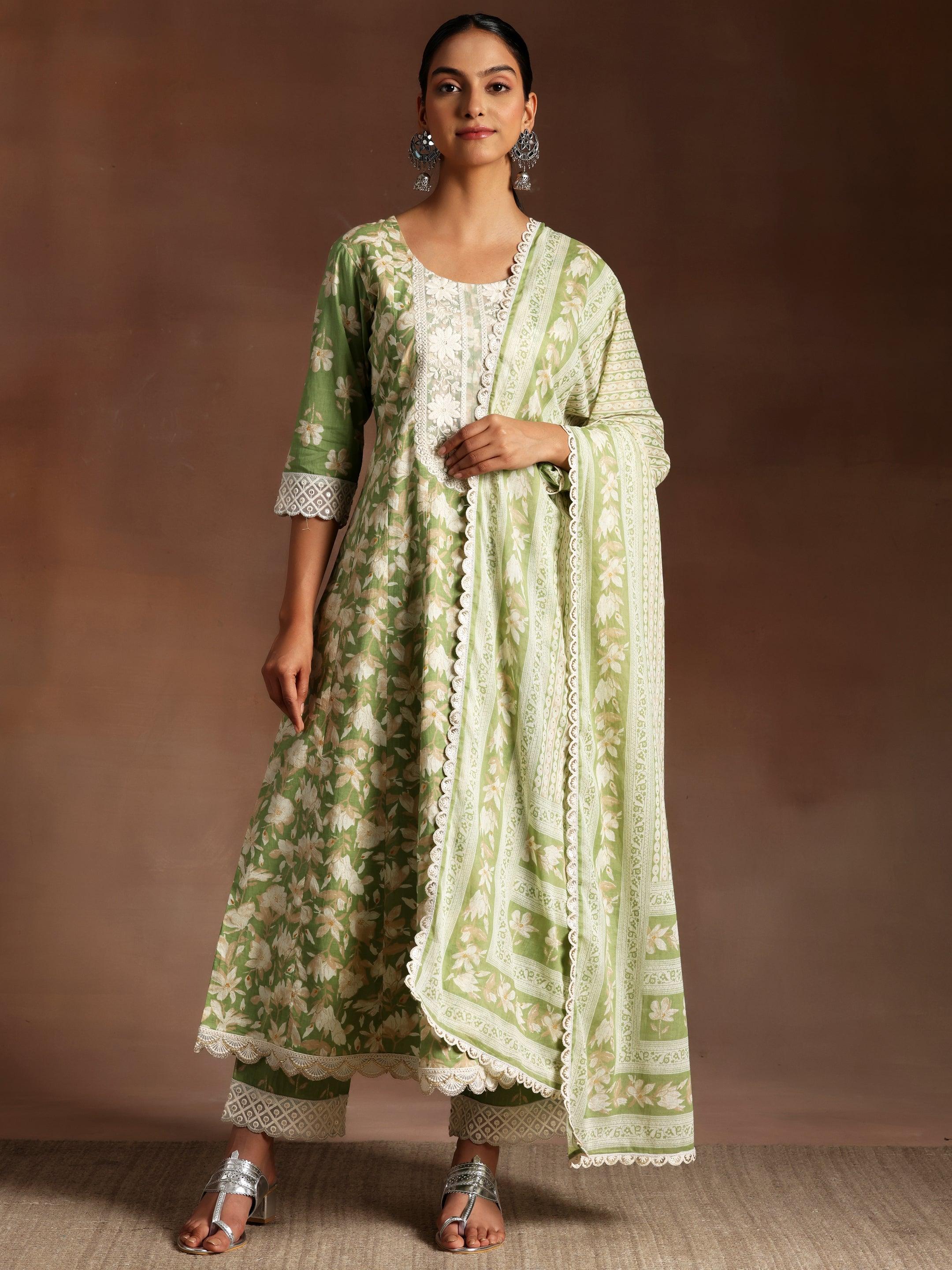 Green Printed Cotton A-Line Kurta With Trousers & Dupatta