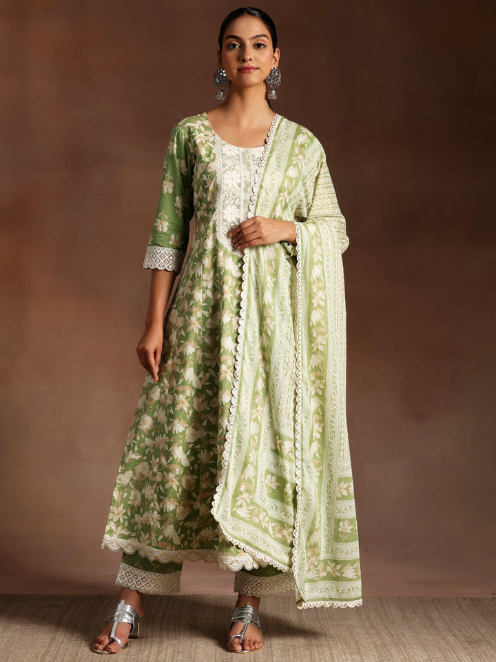 Green Printed Cotton A-Line Kurta With Trousers & Dupatta - ShopLibas