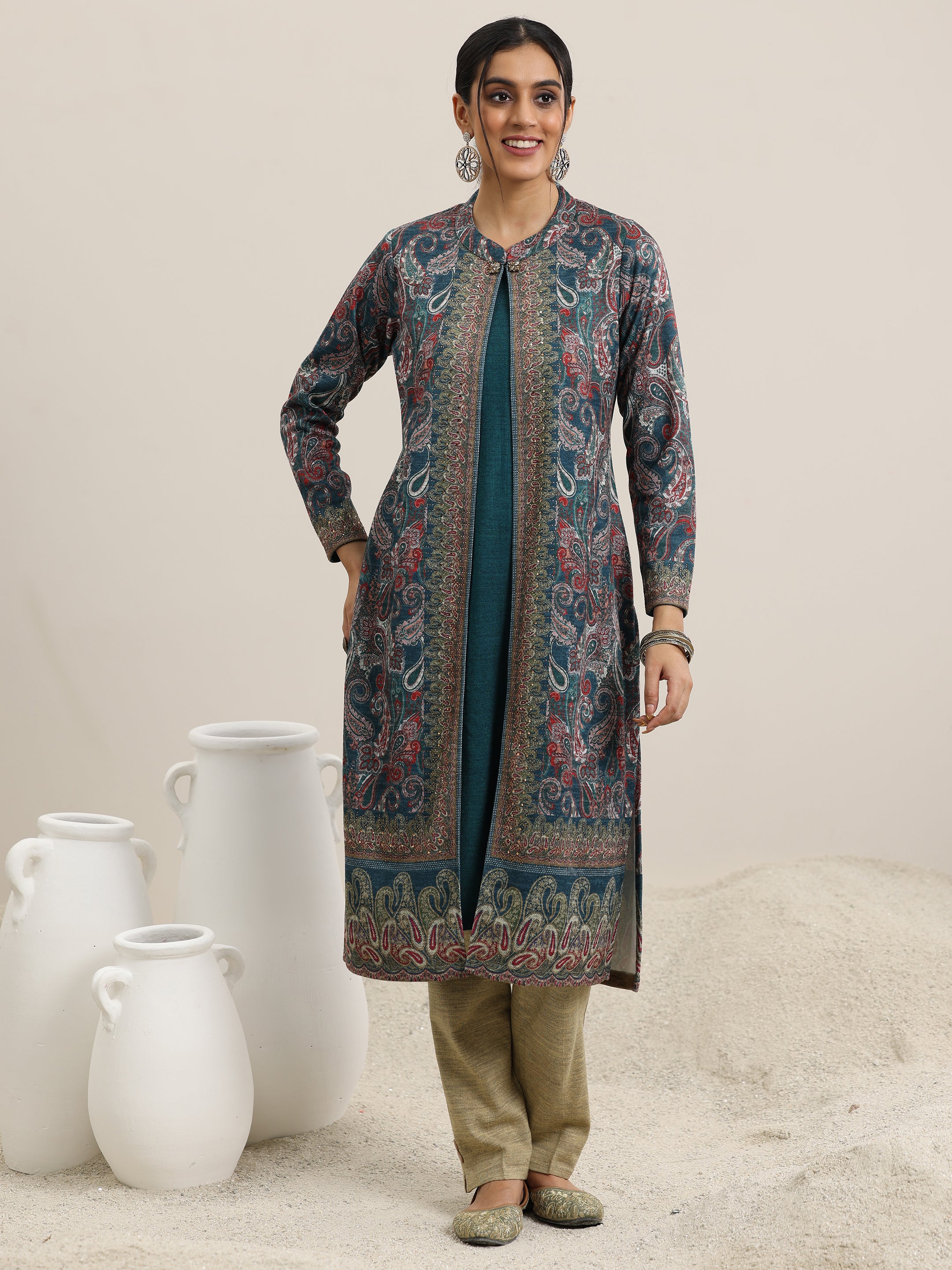 Blue Printed Wool Straight Kurta