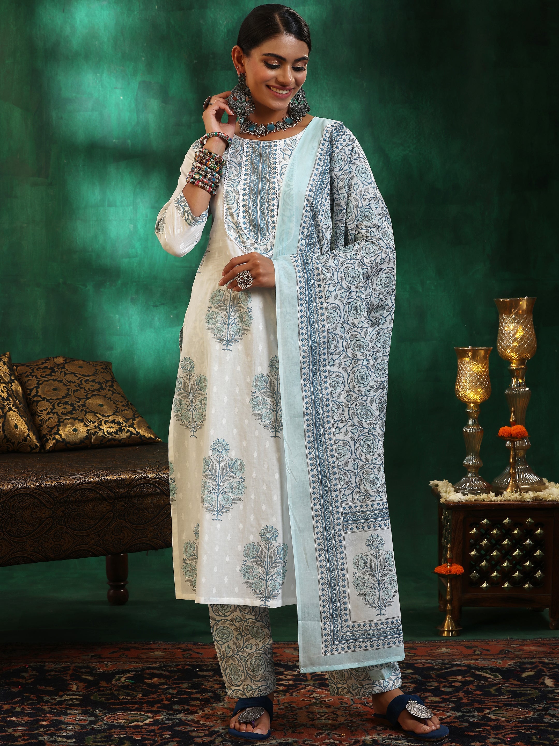 Off White Printed Cotton Straight Suit With Dupatta