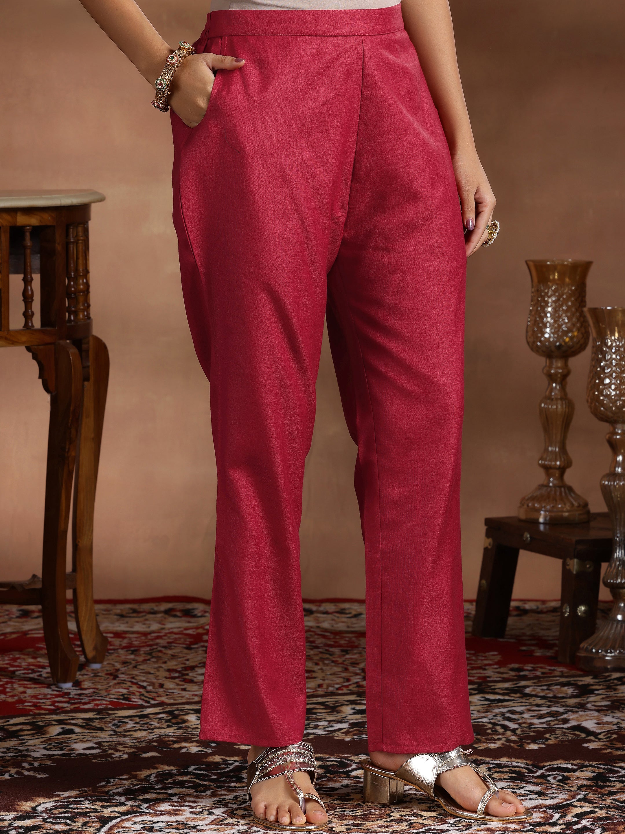 Maroon Solid Silk Blend Straight Suit With Dupatta