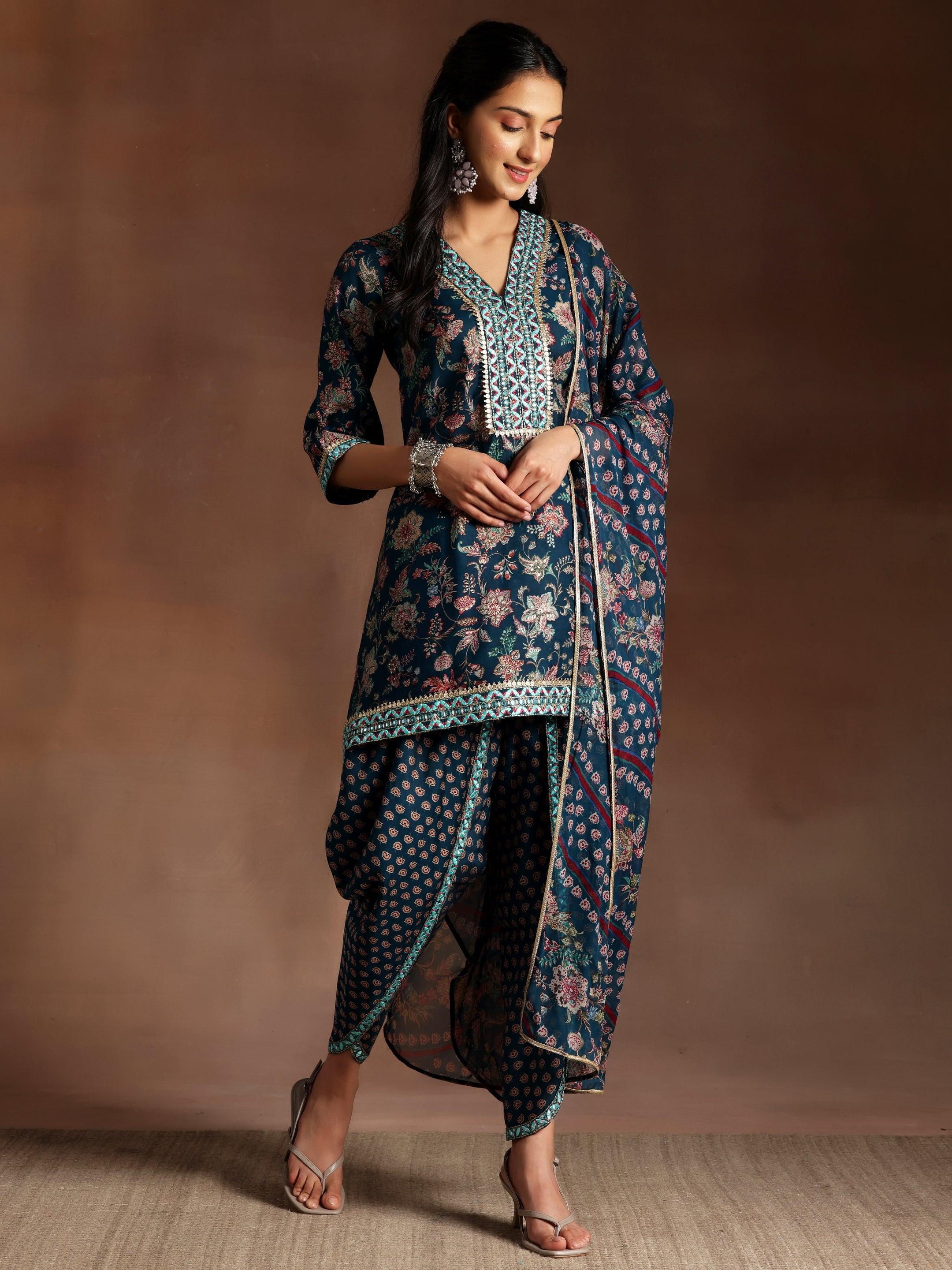 Blue Printed Silk Blend Straight Suit With Dupatta