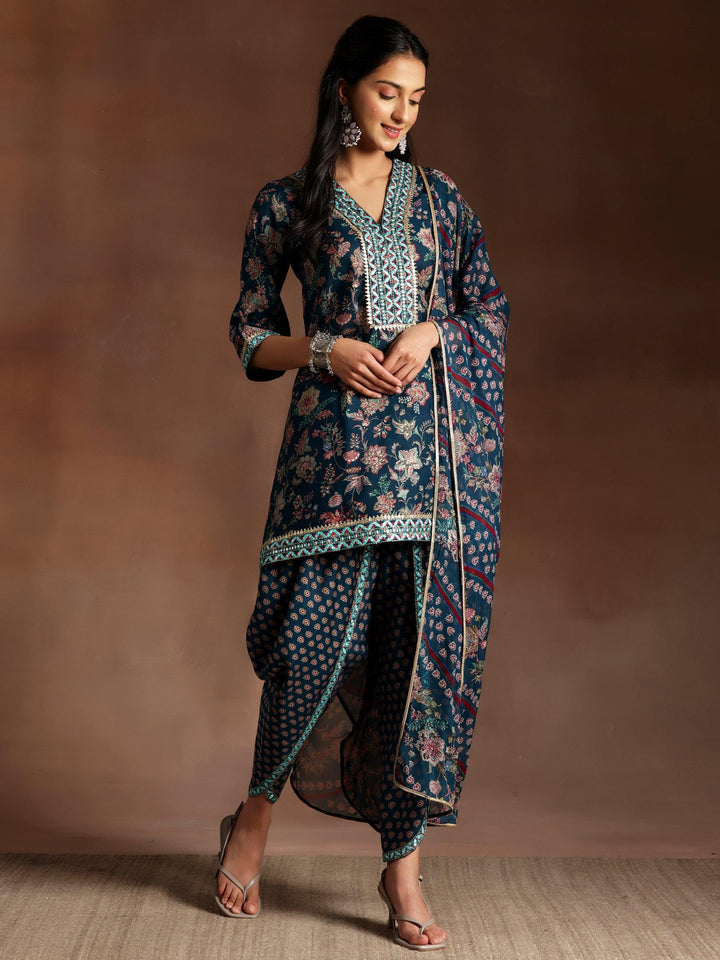 Siah Blue Printed Silk Blend Straight Kurta With Dhoti Pants & Dupatta - ShopLibas