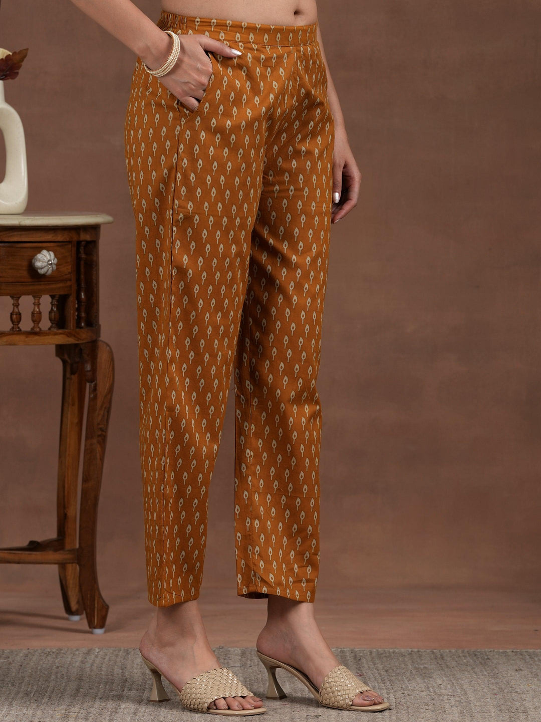 Mustard Printed Cotton A-Line Kurta With Palazzos - Libas