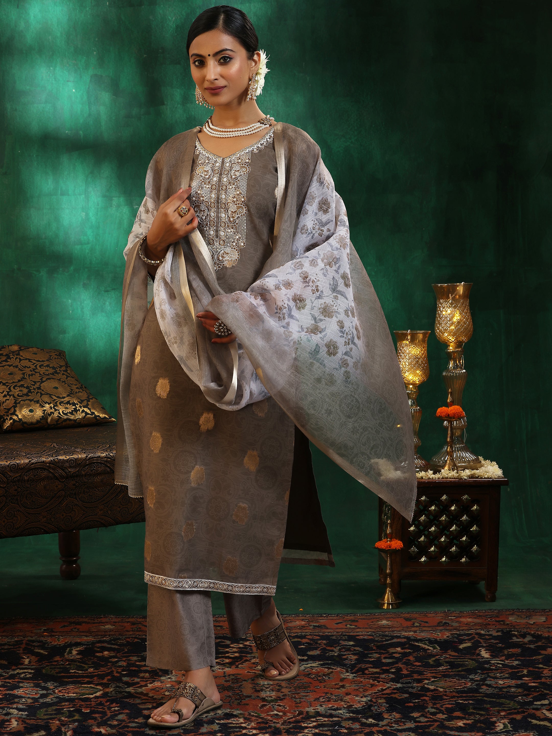 Green Woven Design Silk Blend Straight Suit With Dupatta