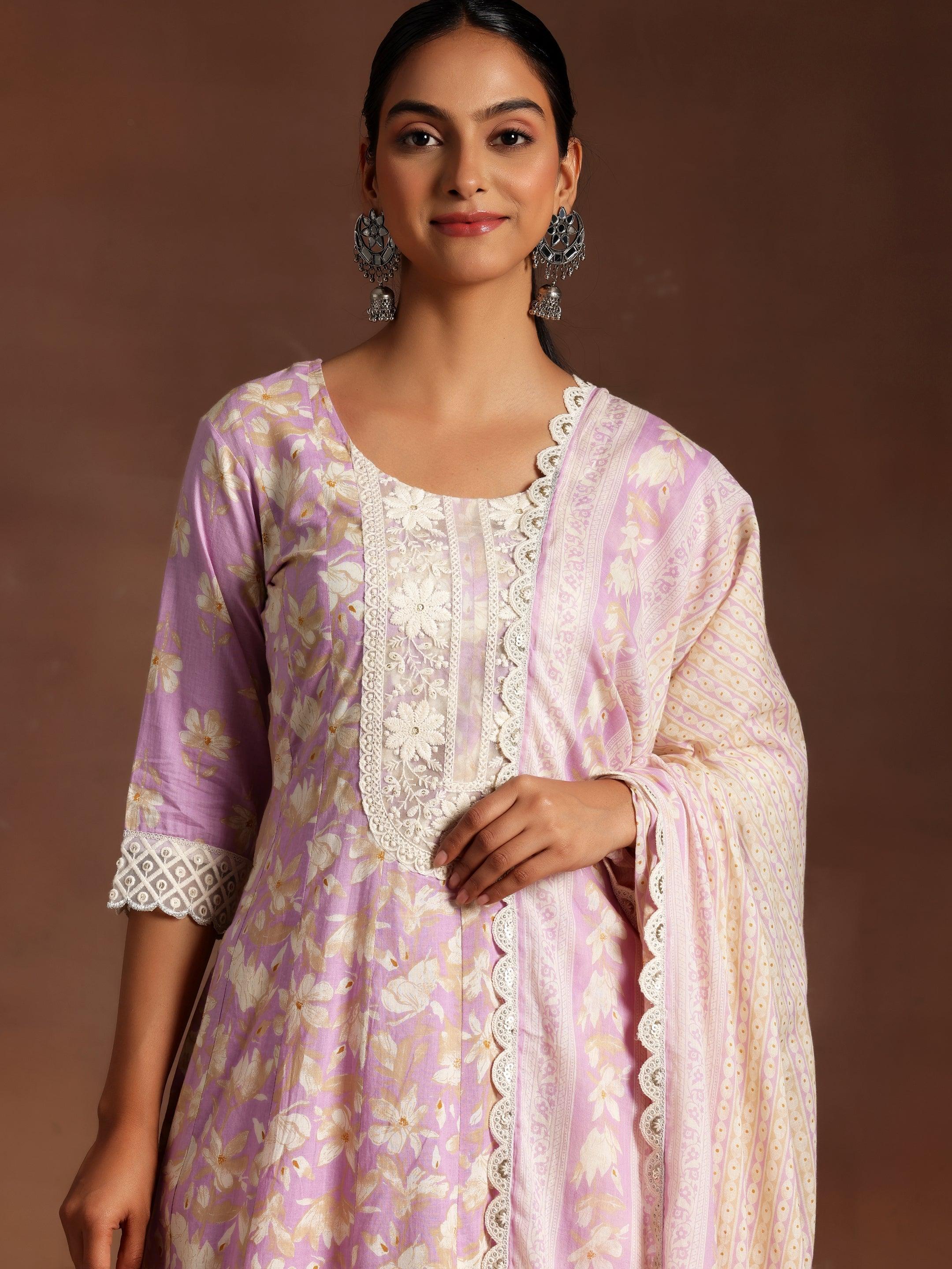 Dilbaro Purple Printed Cotton A-Line Kurta With Trousers & Dupatta