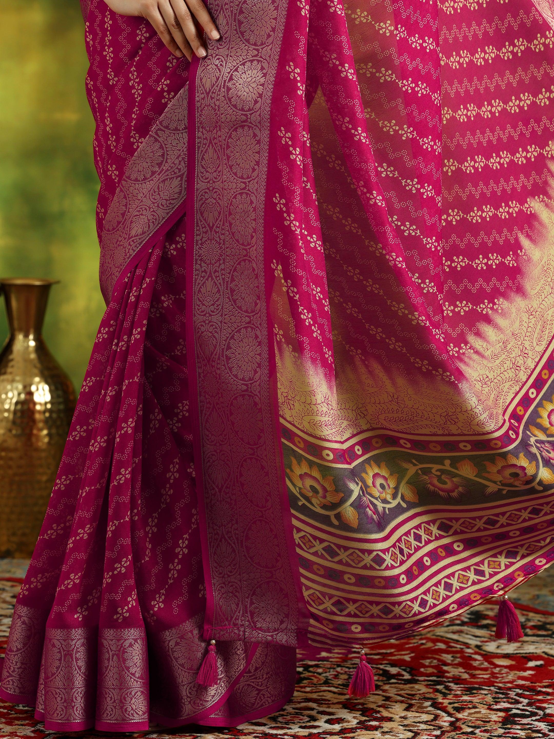 Pink Printed Silk Blend Saree With Unstitched Blouse Piece