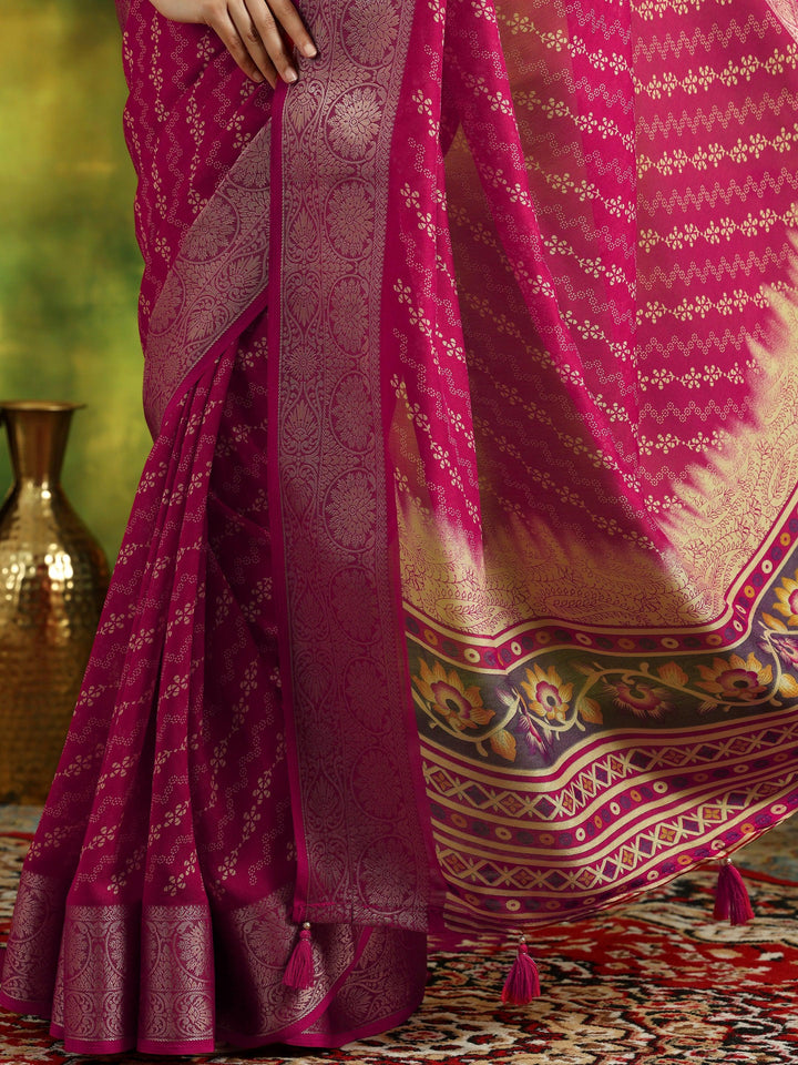 Pink Printed Silk Blend Saree With Unstitched Blouse Piece - Libas