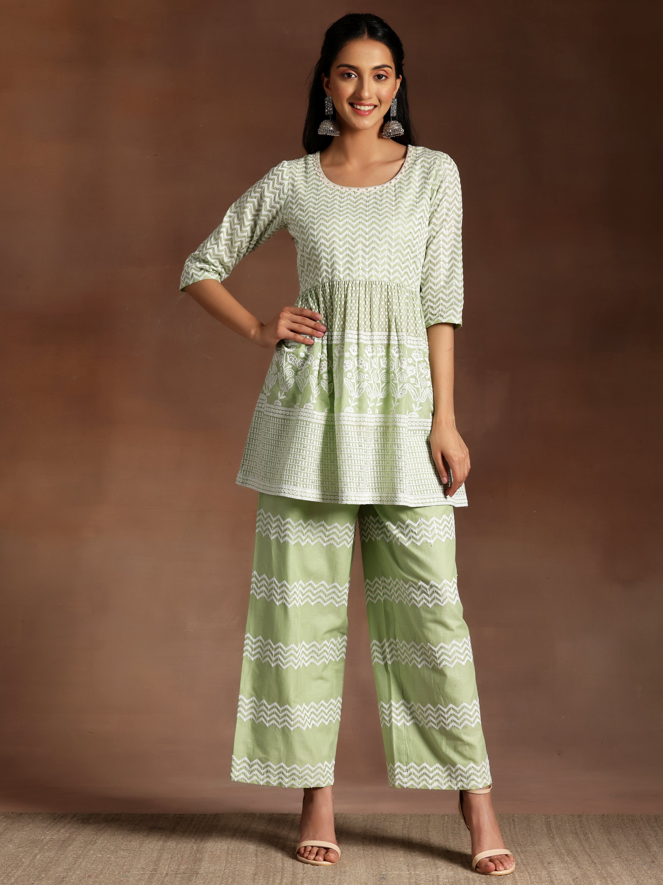 Green Embroidered Cotton Co-Ords