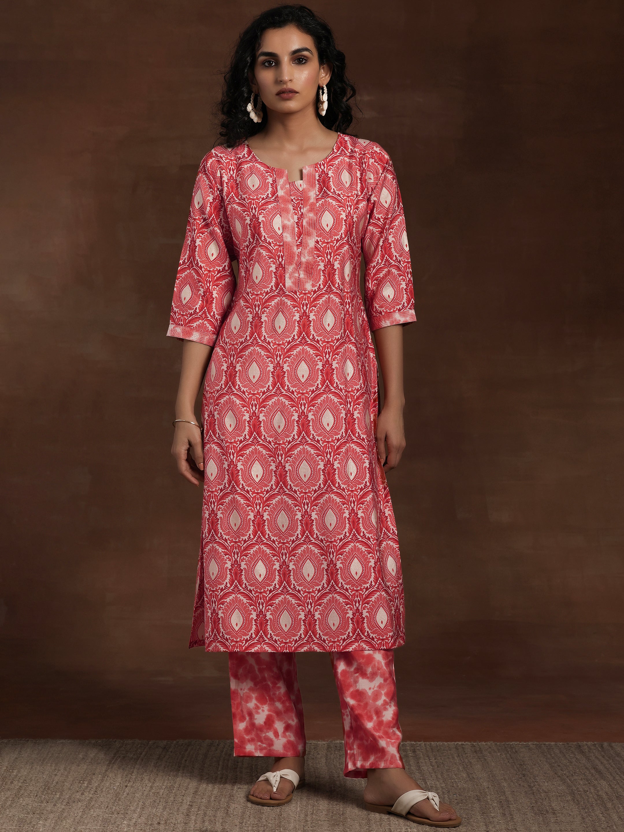 Peach Printed Silk Blend Straight Kurta Set