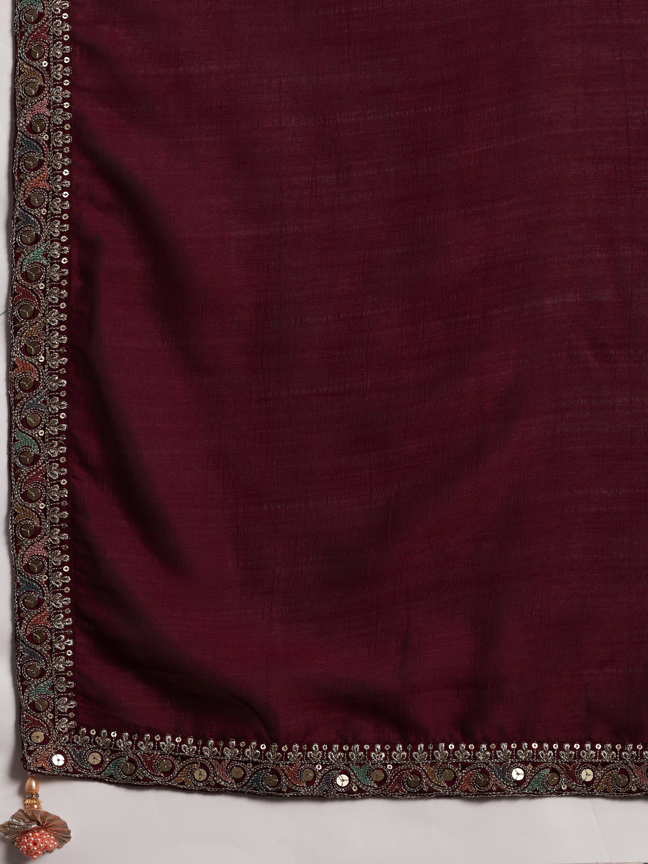 Adaa Wine Embroidered Silk Blend Straight Kurta With Palazzos & Dupatta