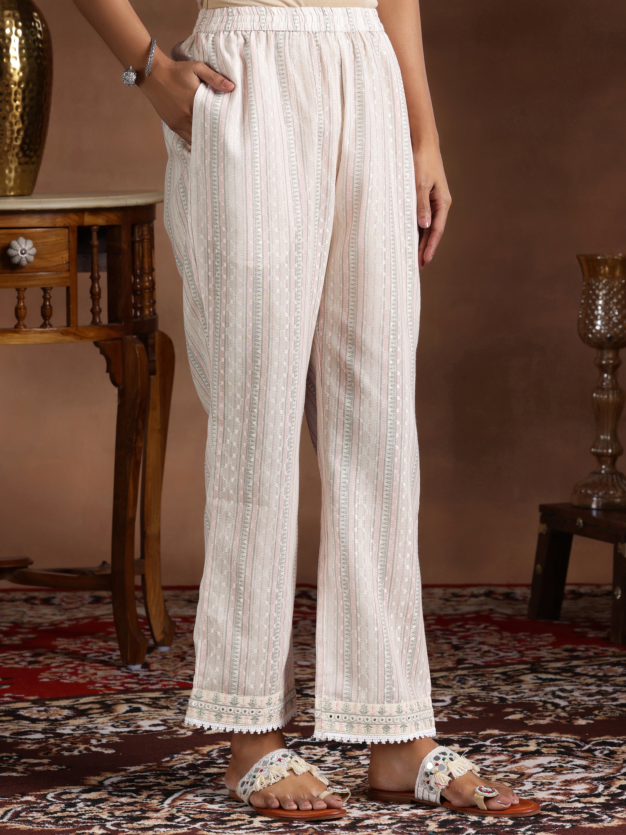 Off White Embroidered Cotton A-line Kurta  With Trousers & Dupatta