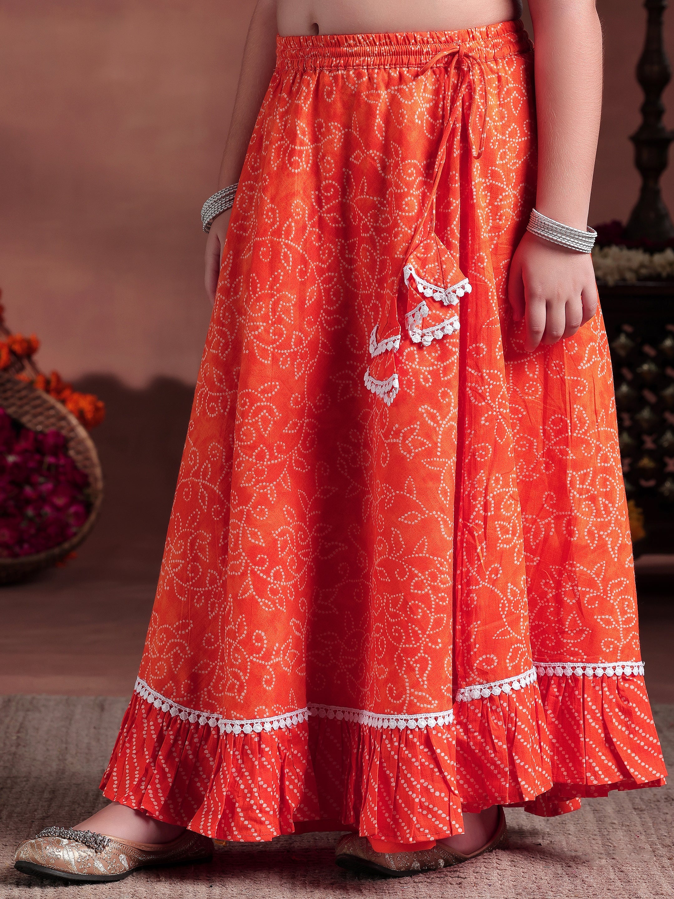 Orange Printed Cotton Lehenga Choli