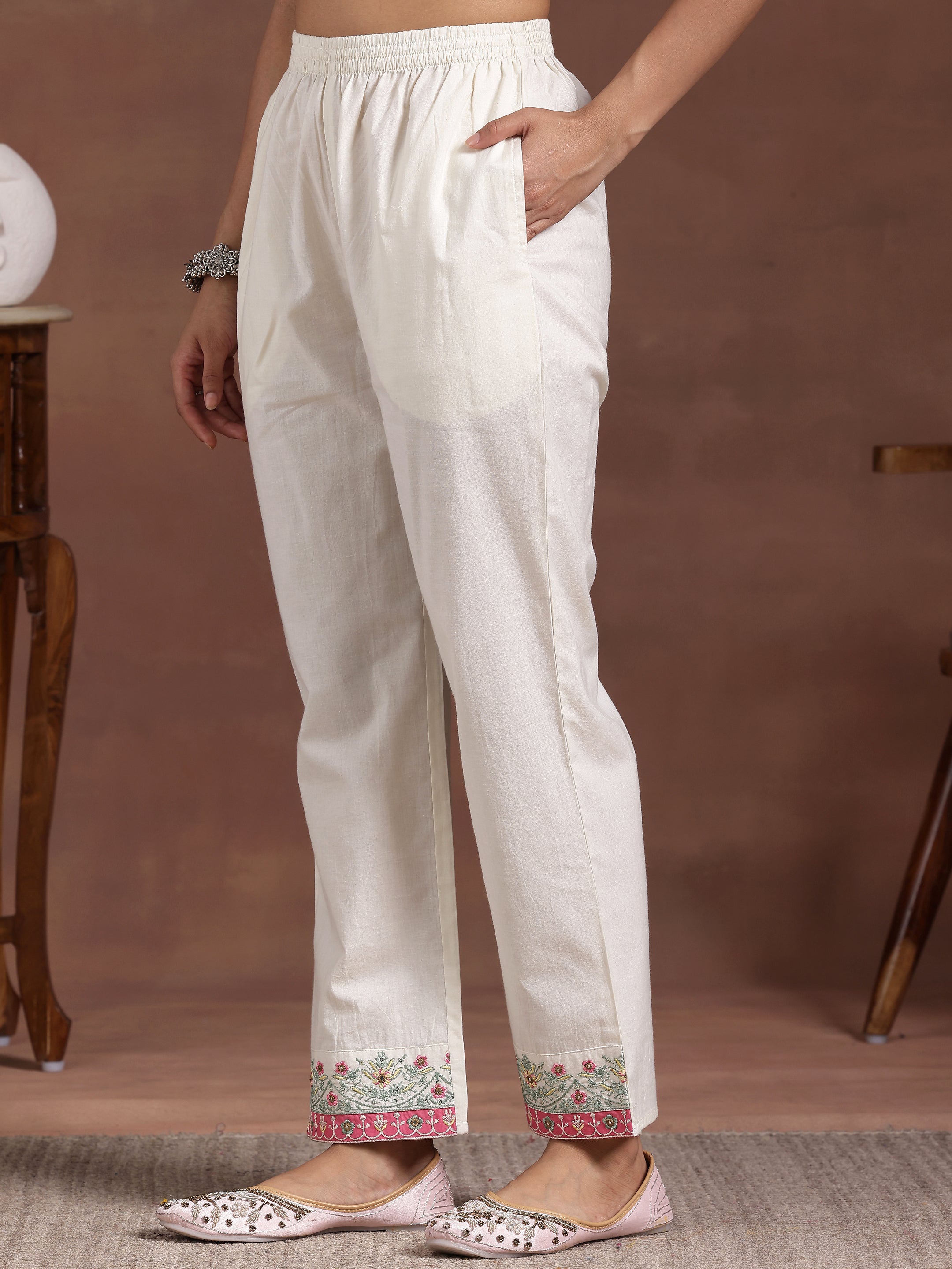 Off white Embroidered Cotton A-Line Kurta With Trousers & Dupatta