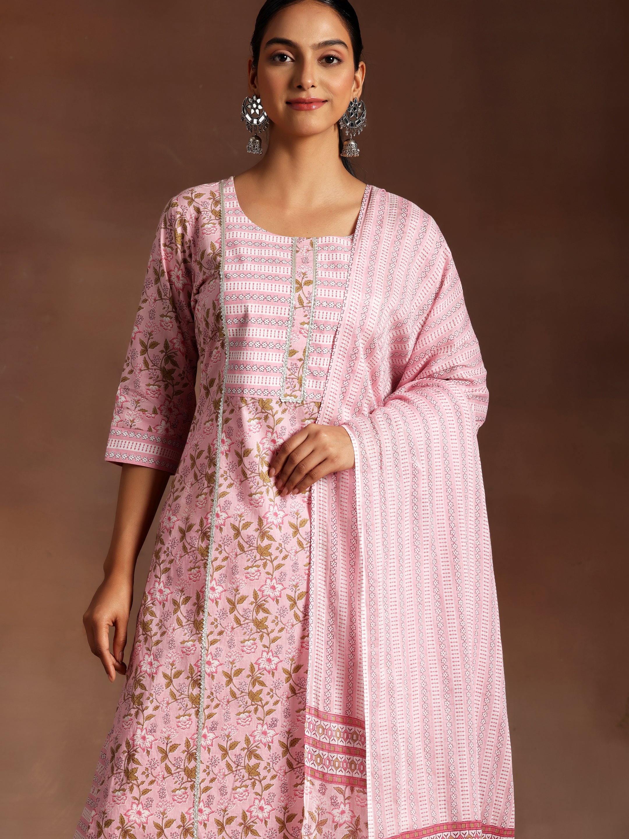 Pink Yoke Design Cotton Straight Suit With Dupatta