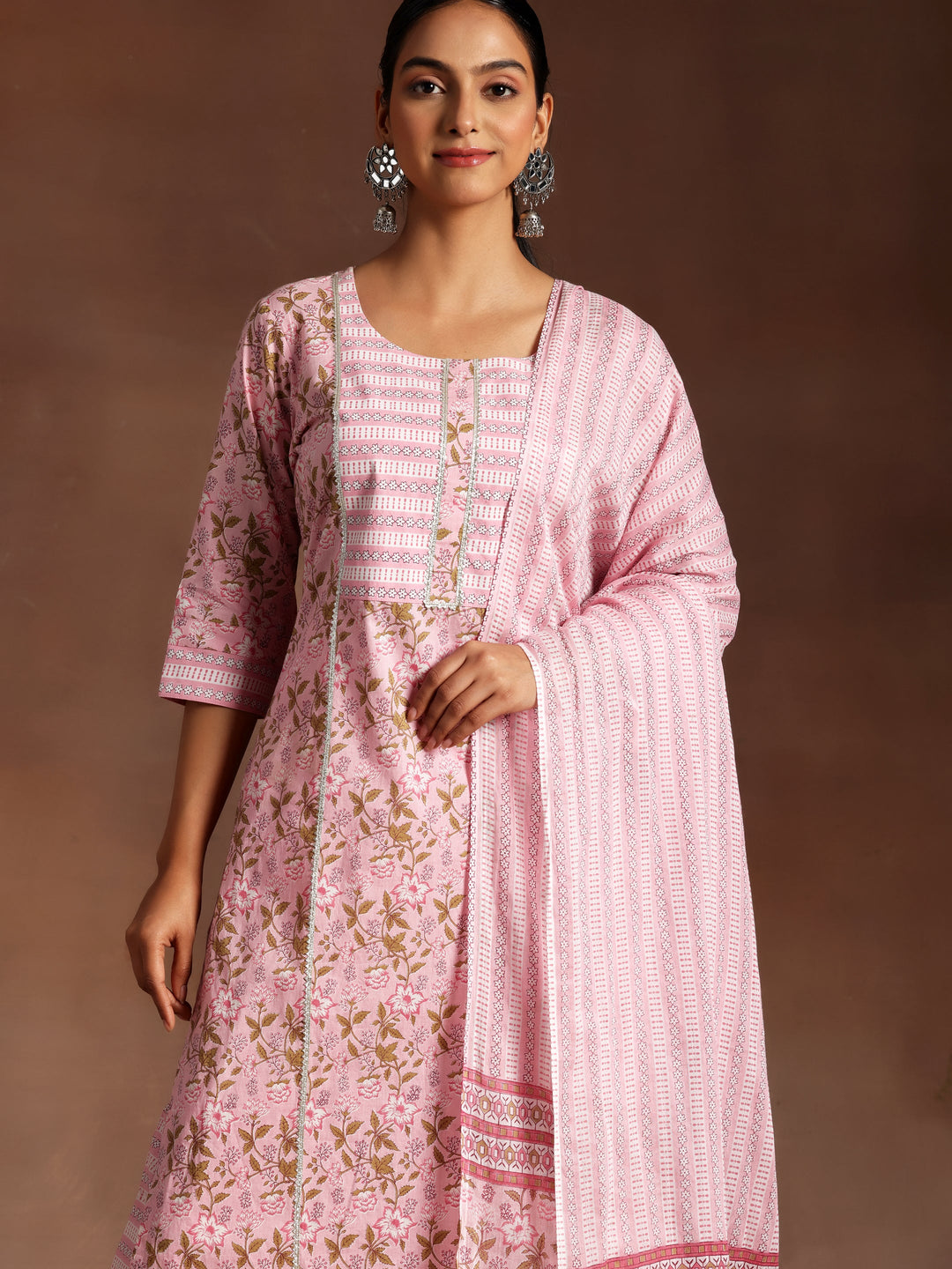 Pink Yoke Design Cotton Straight Kurta With Palazzos & Dupatta - ShopLibas