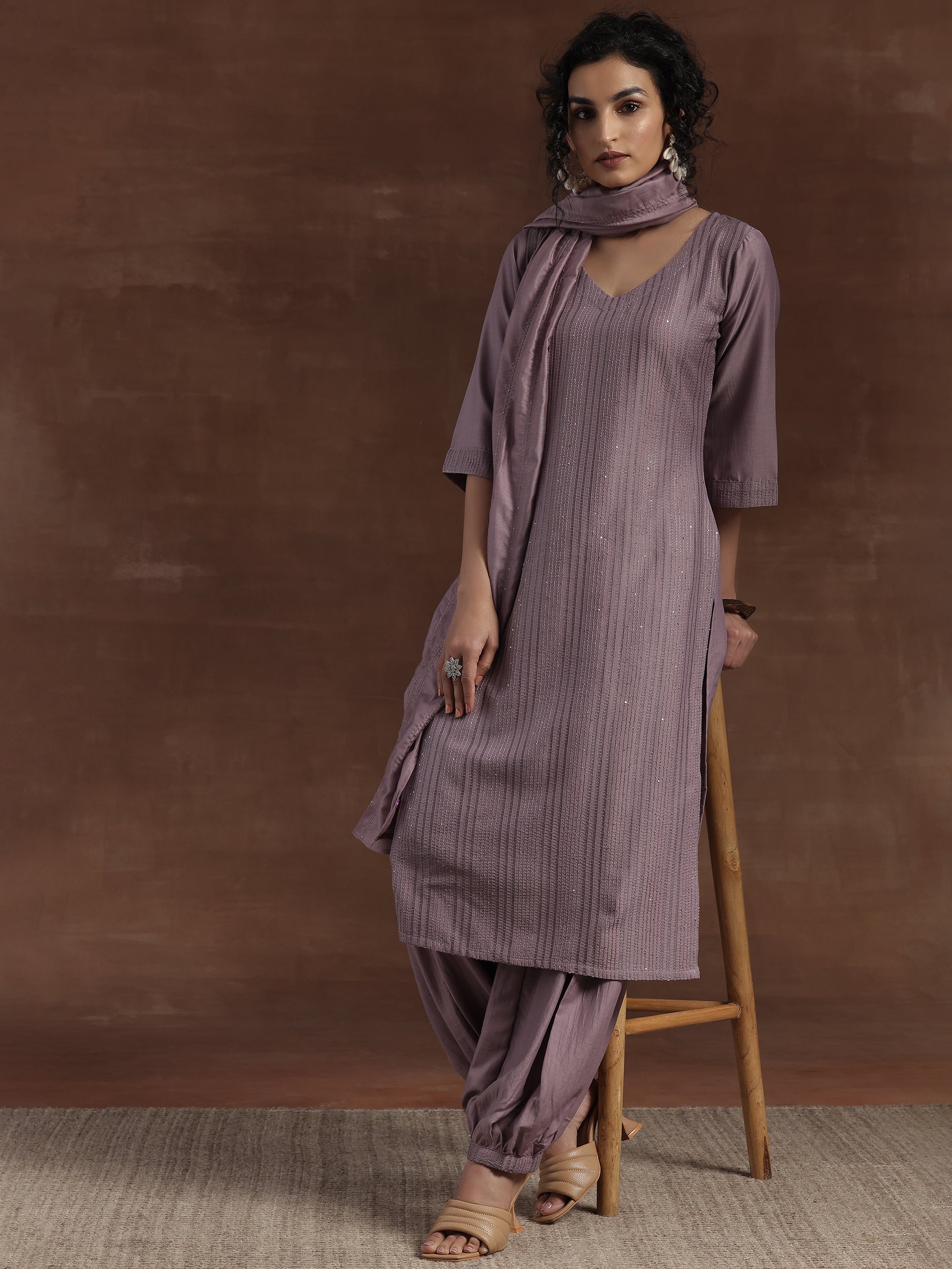 Mauve Self Design Silk Blend Straight Suit With Dupatta