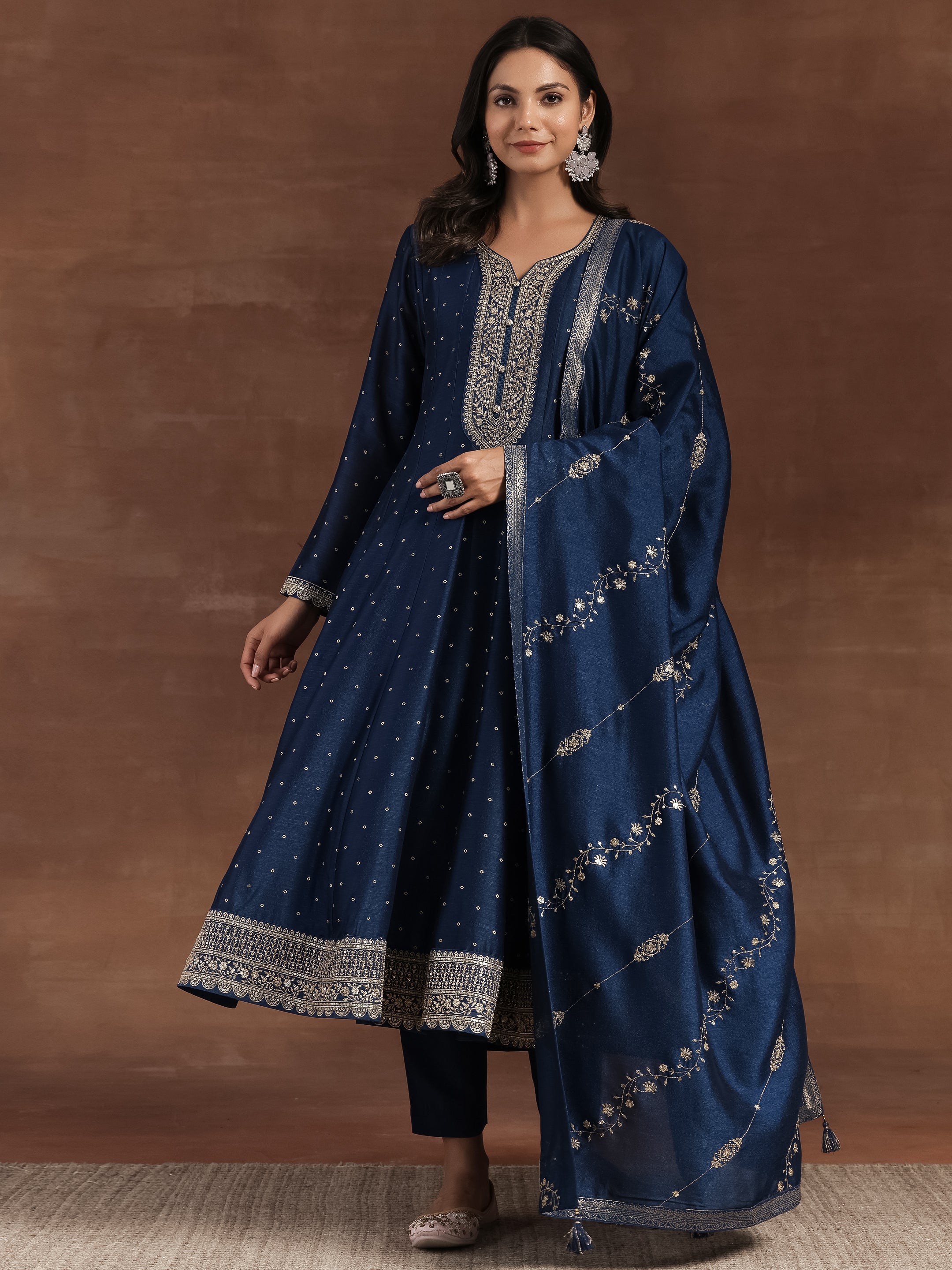 Blue Embroidered Silk Blend A-Line Kurta With Trousers & Dupatta