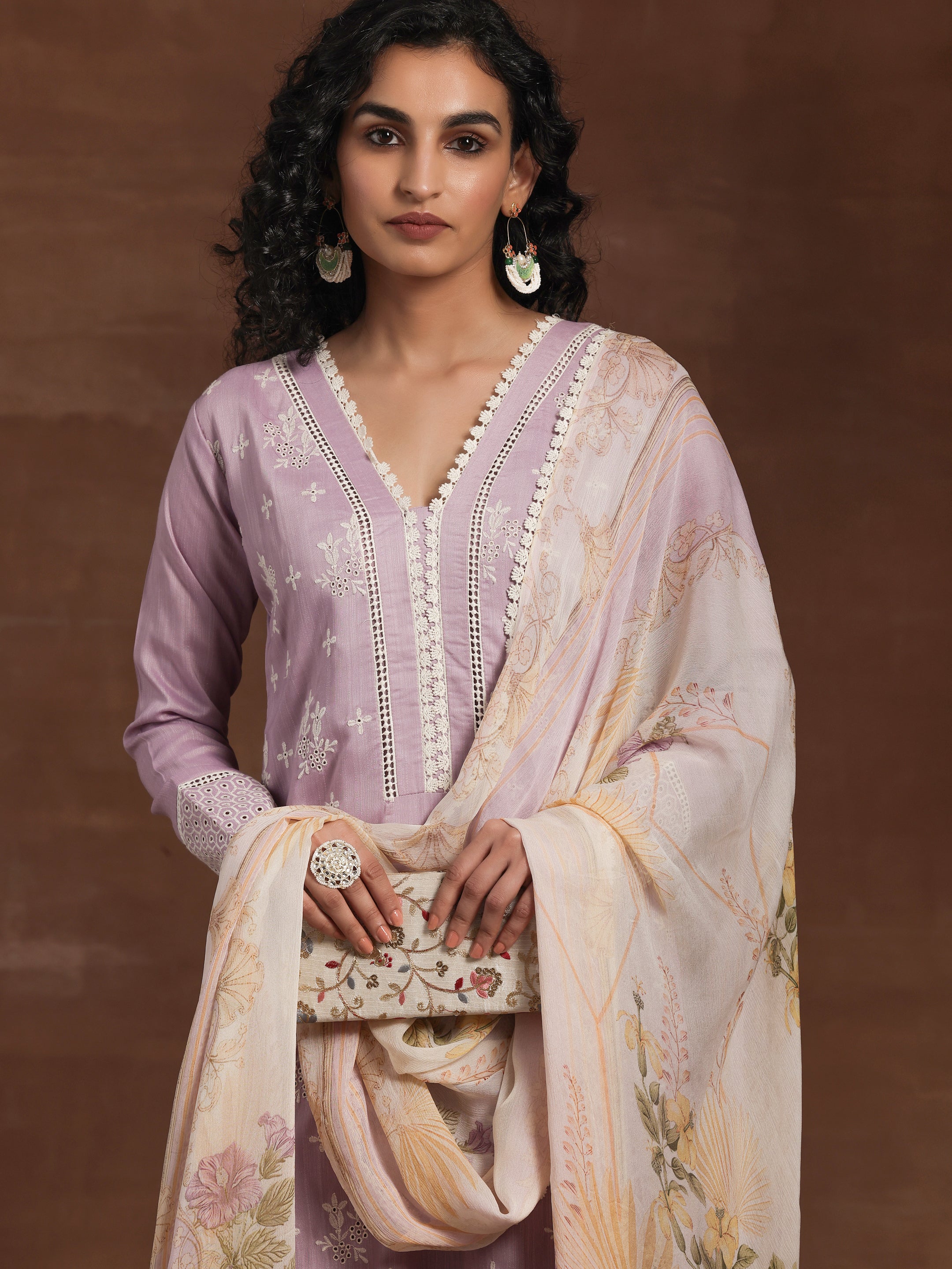 Lilac Embroidered Silk Blend Straight Suit With Dupatta