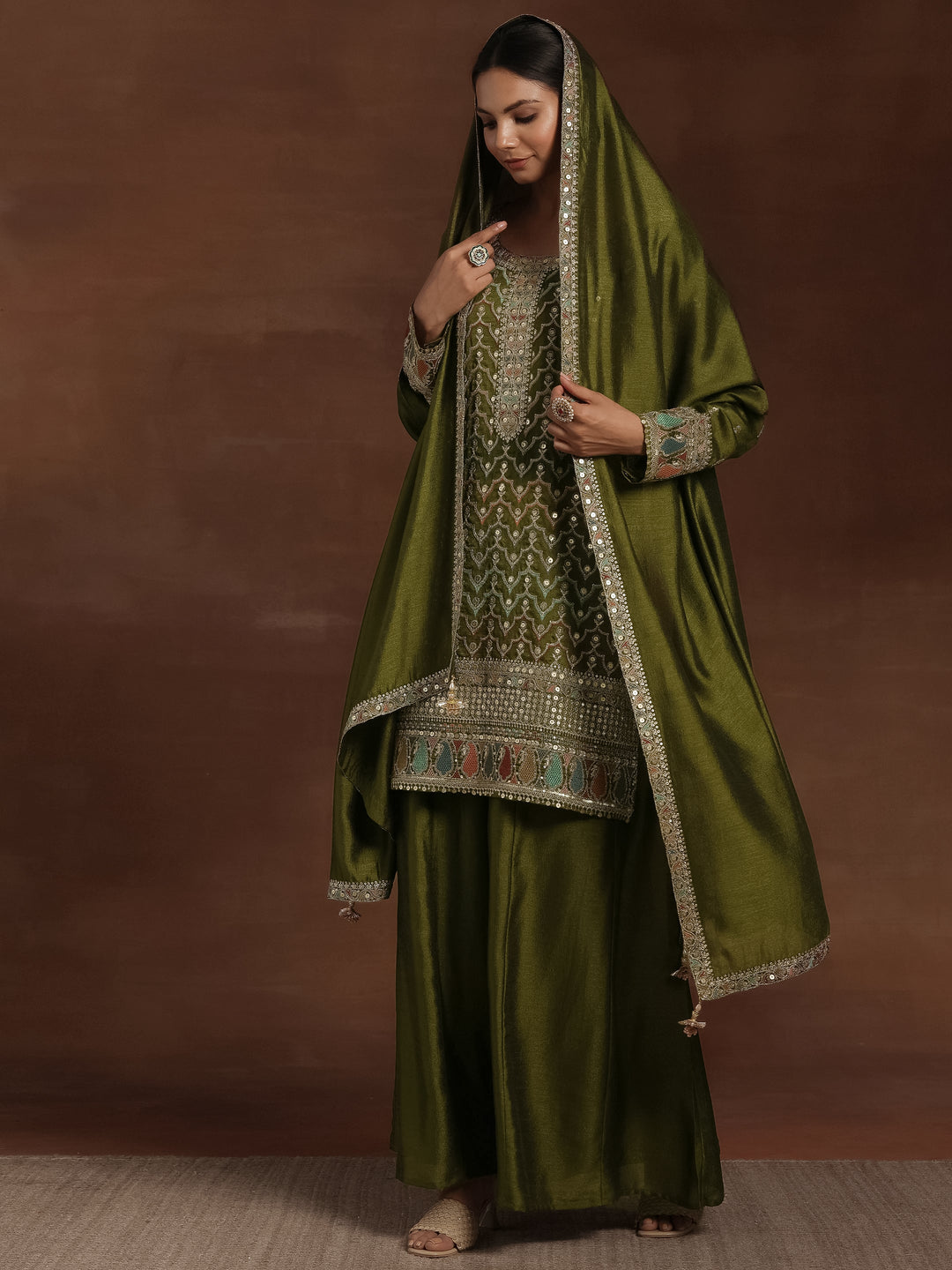 Adaa Olive Embroidered Silk Blend Straight Kurta With Palazzos & Dupatta