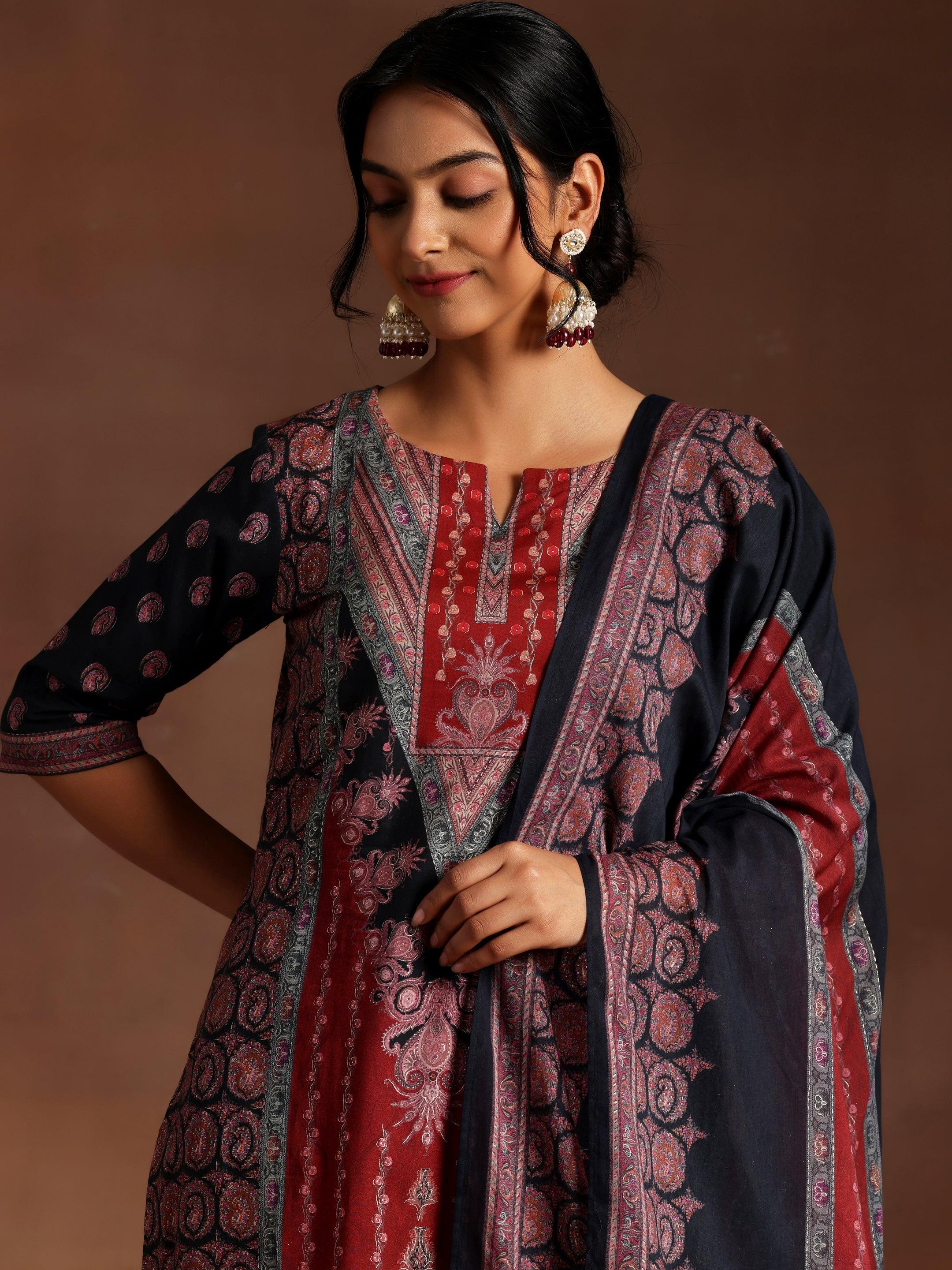 Black Printed Cotton Straight Suit With Dupatta