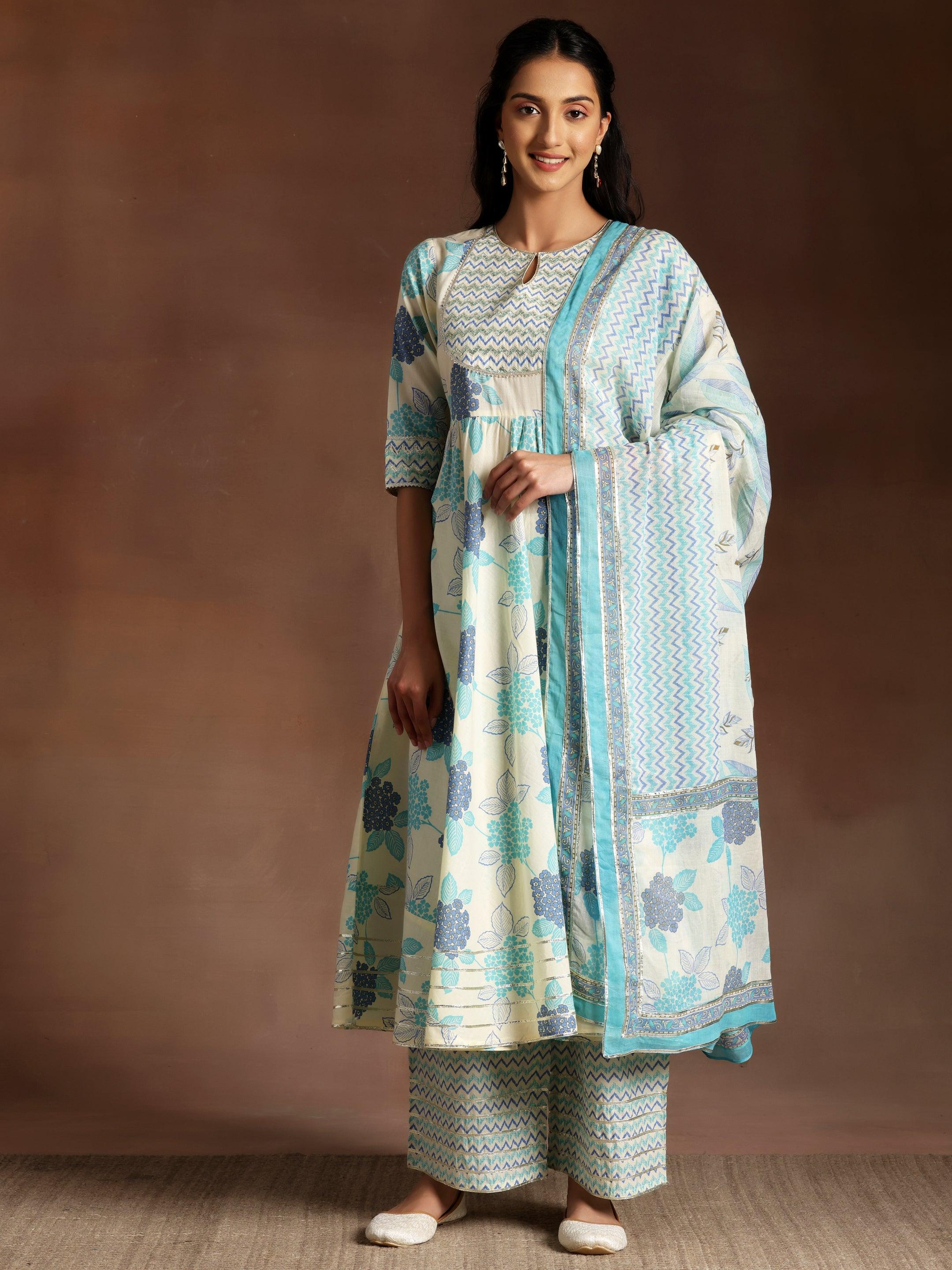 Turquoise Printed Cotton Anarkali Suit With Dupatta