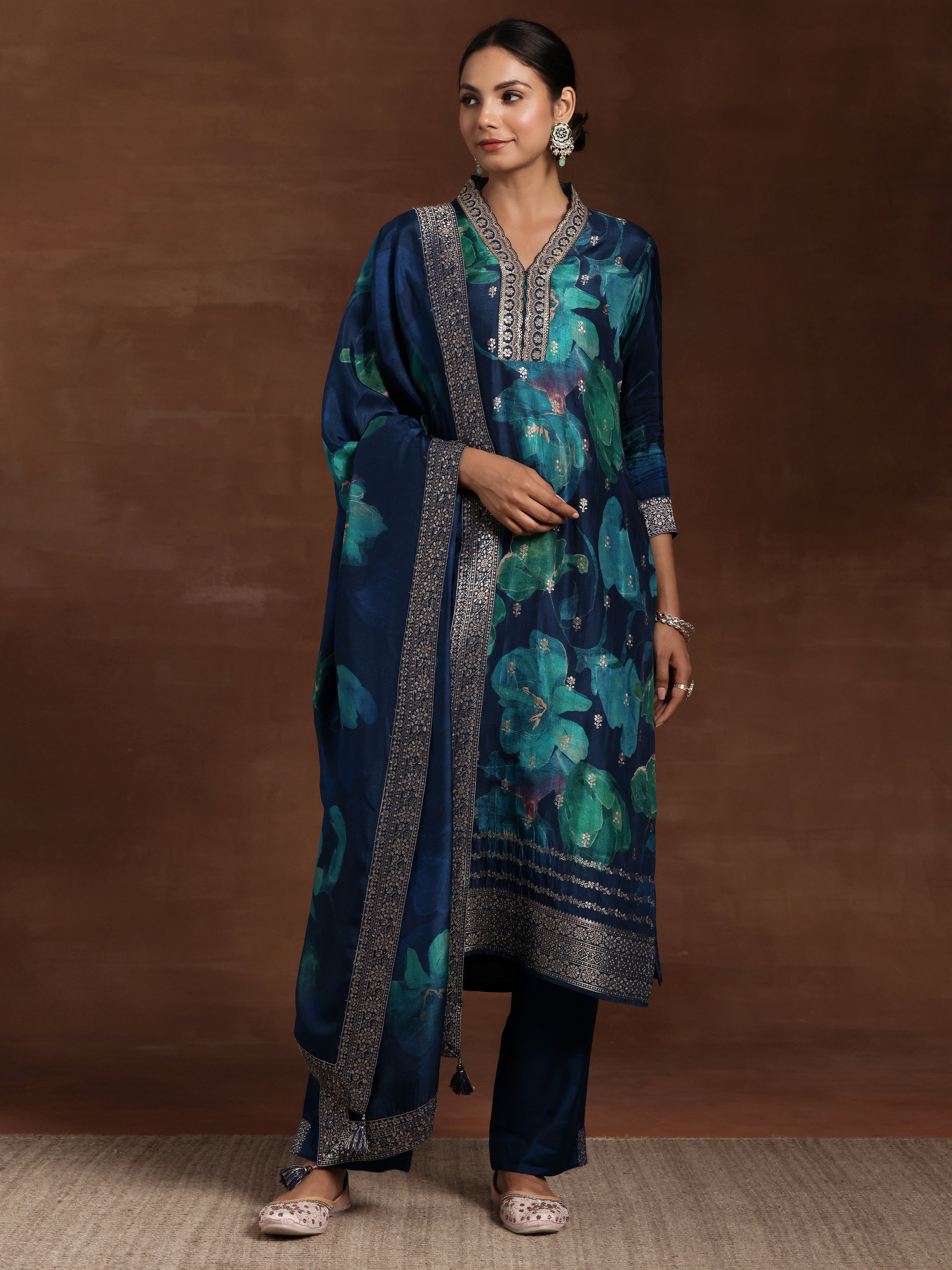 Blue Printed Silk Blend Straight Suit With Dupatta