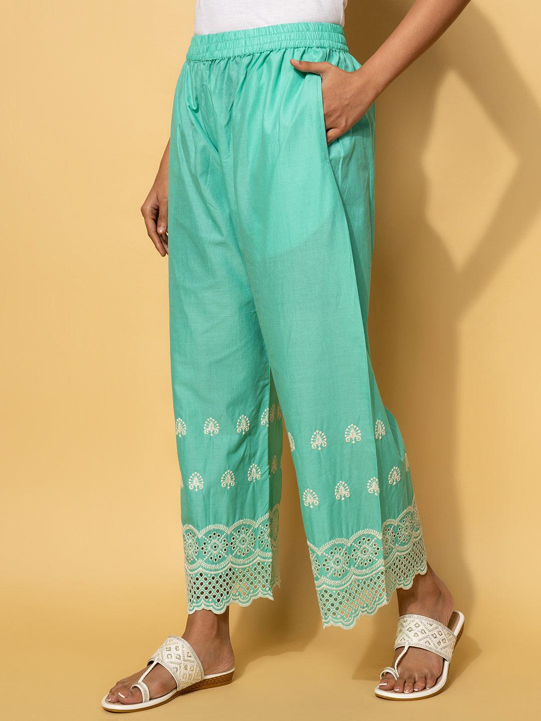 Green Embroidered Cotton Co-Ords