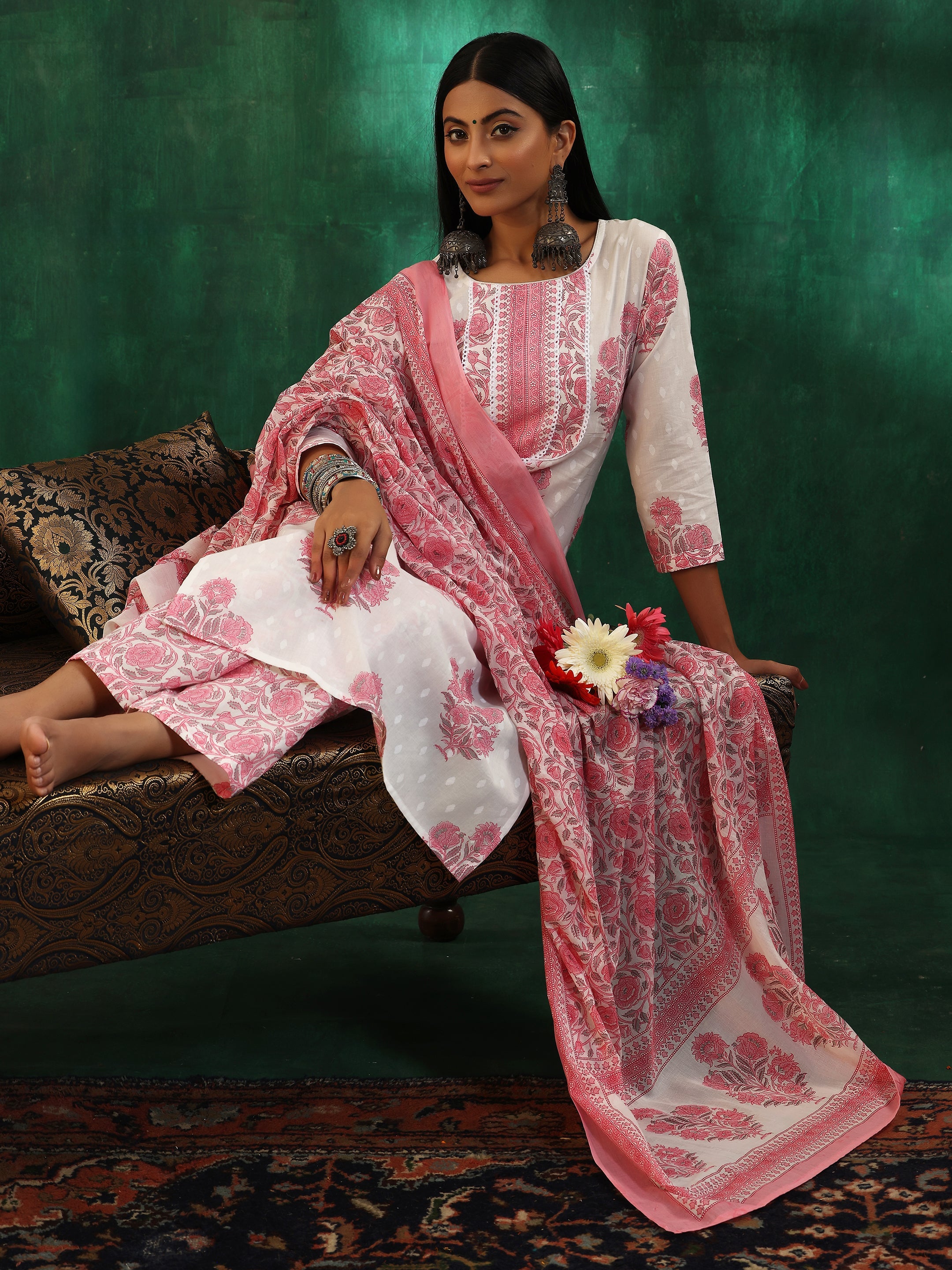 Off White Printed Cotton Straight Suit With Dupatta