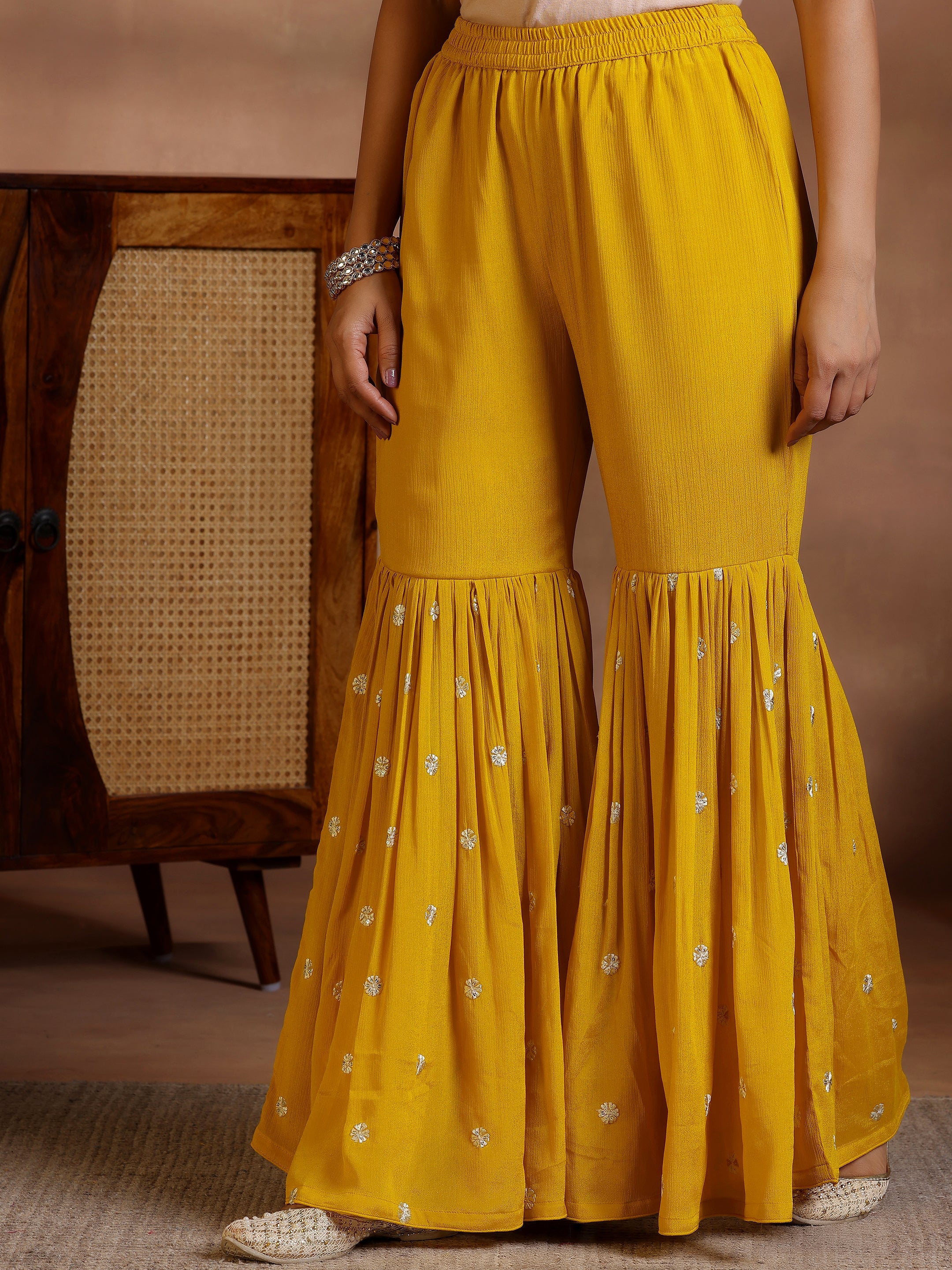 Mustard Embroidered Silk Blend Straight Suit With Dupatta