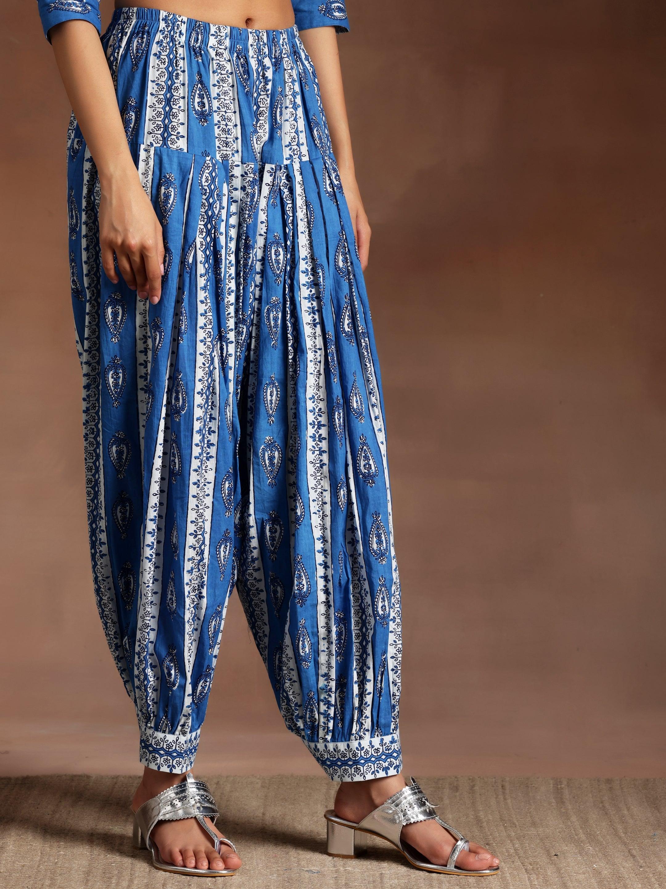 Blue Printed Cotton Straight Suit With Dupatta