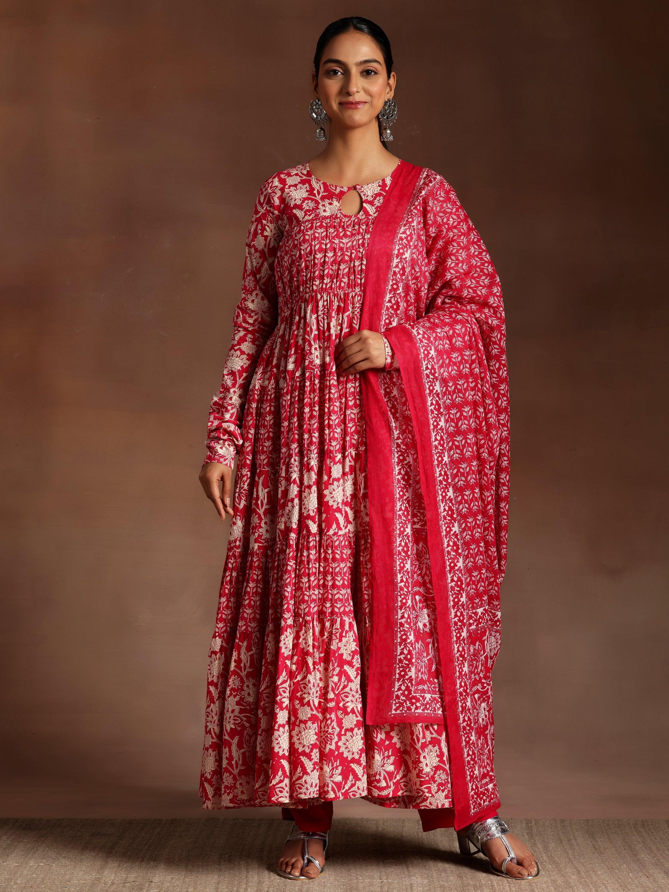 Chinar Pink Printed Cotton A-Line Kurta With Trousers & Dupatta