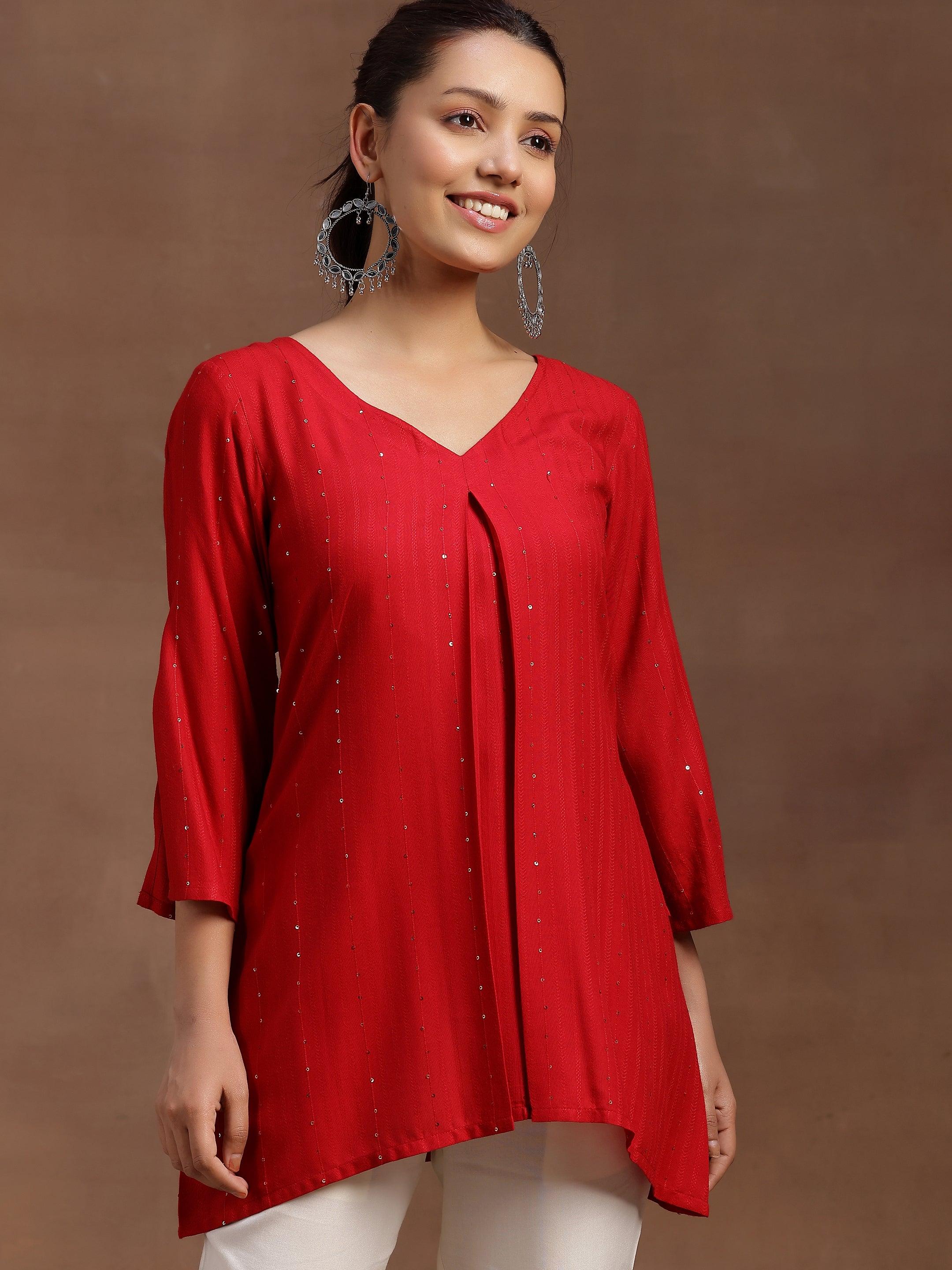 Red Solid Cotton Blend A-line Kurti