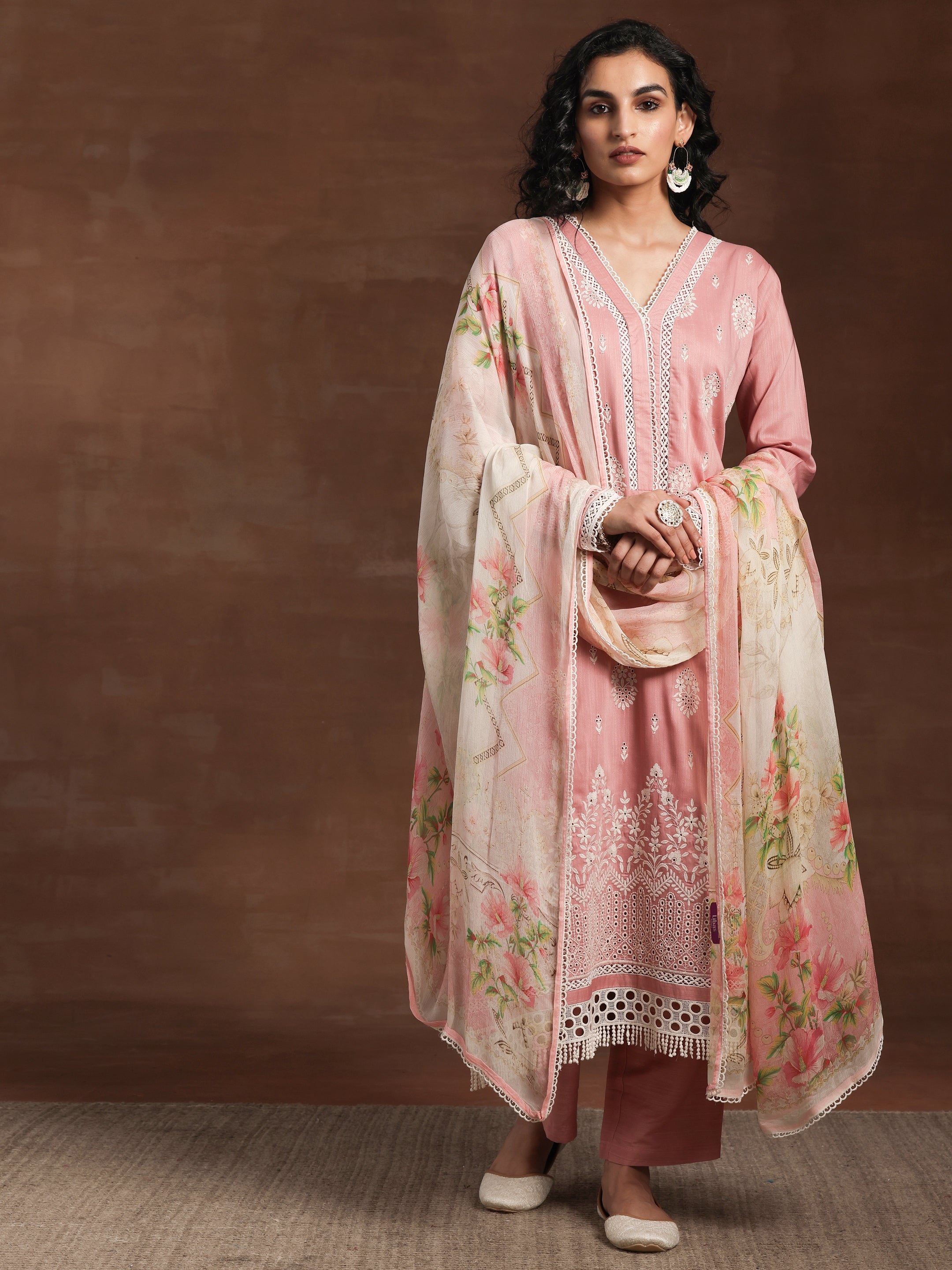 Pink Embroidered Silk Blend Straight Suit With Dupatta