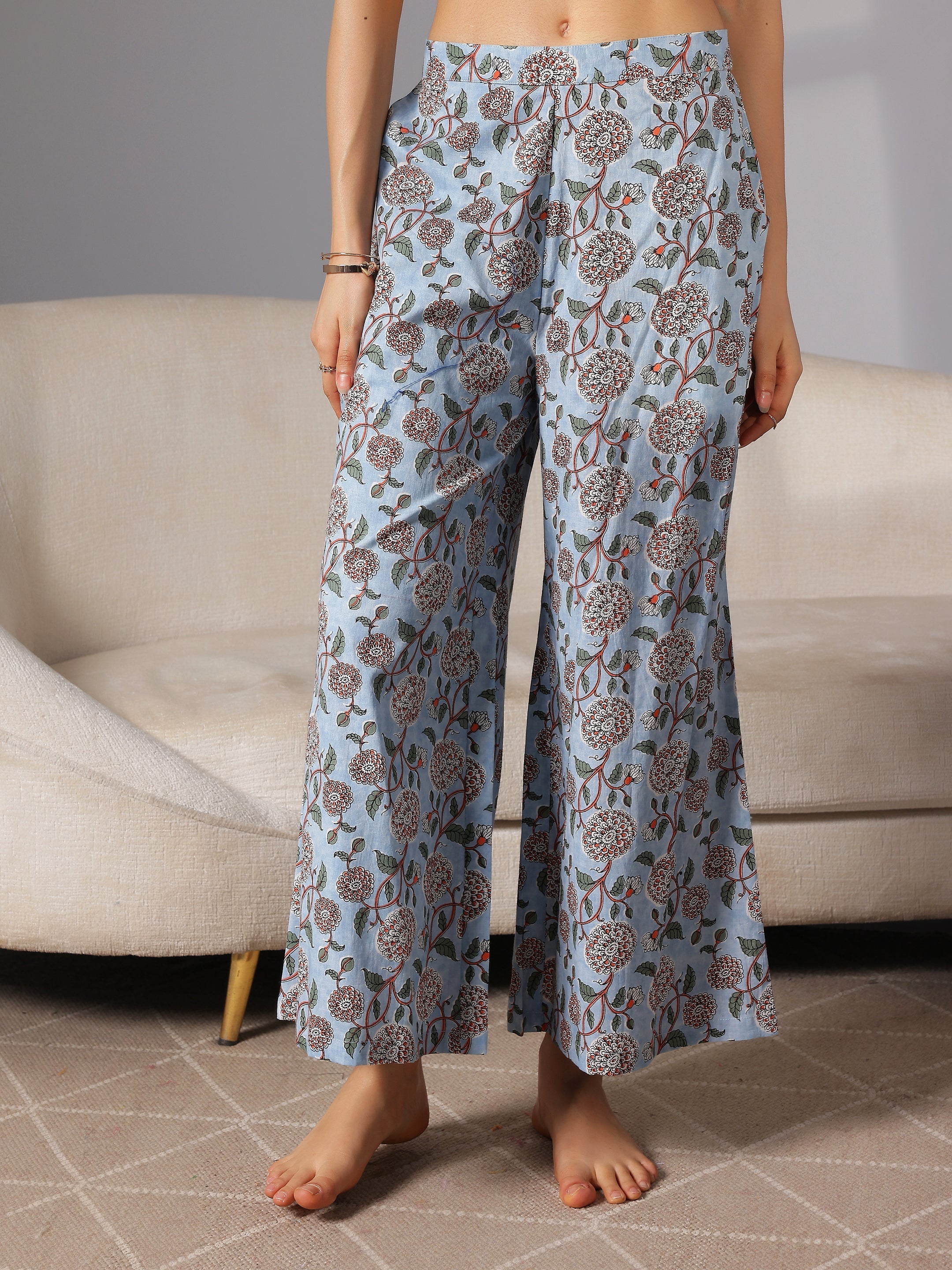 Blue Printed Cotton Night Suits