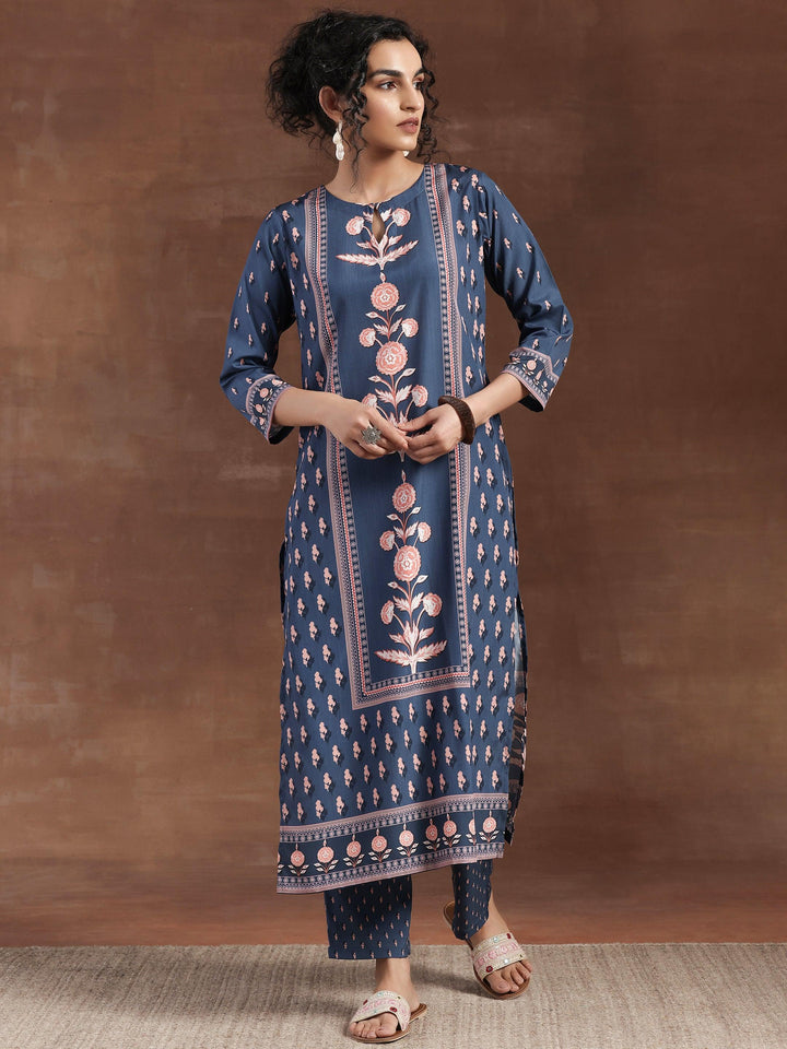 Blue Printed Poly Crepe Straight Kurta Set