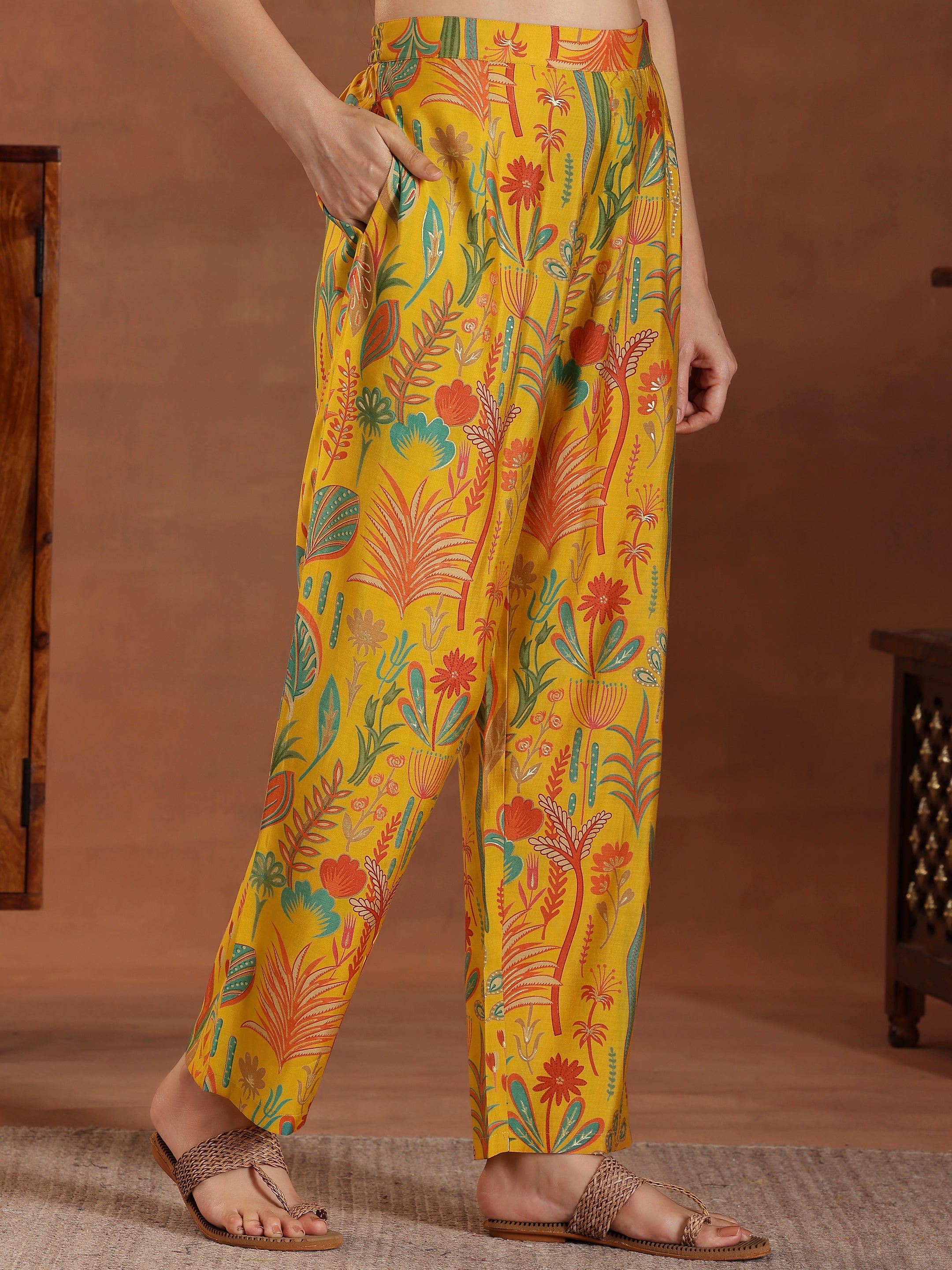 Yellow Printed Silk Blend Co-Ords