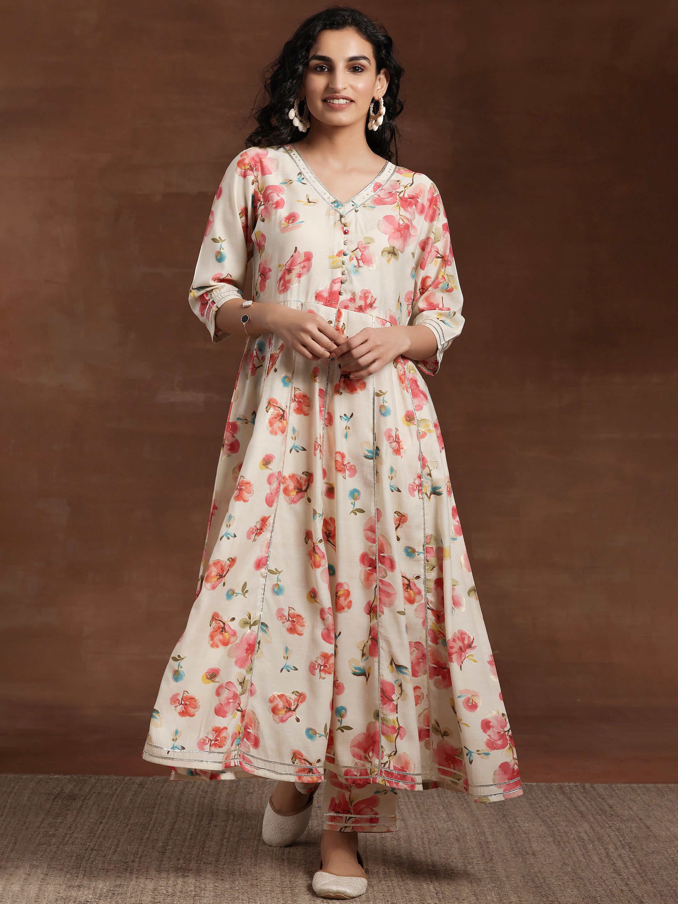 Off White Printed Silk Blend Anarkali Kurta Set