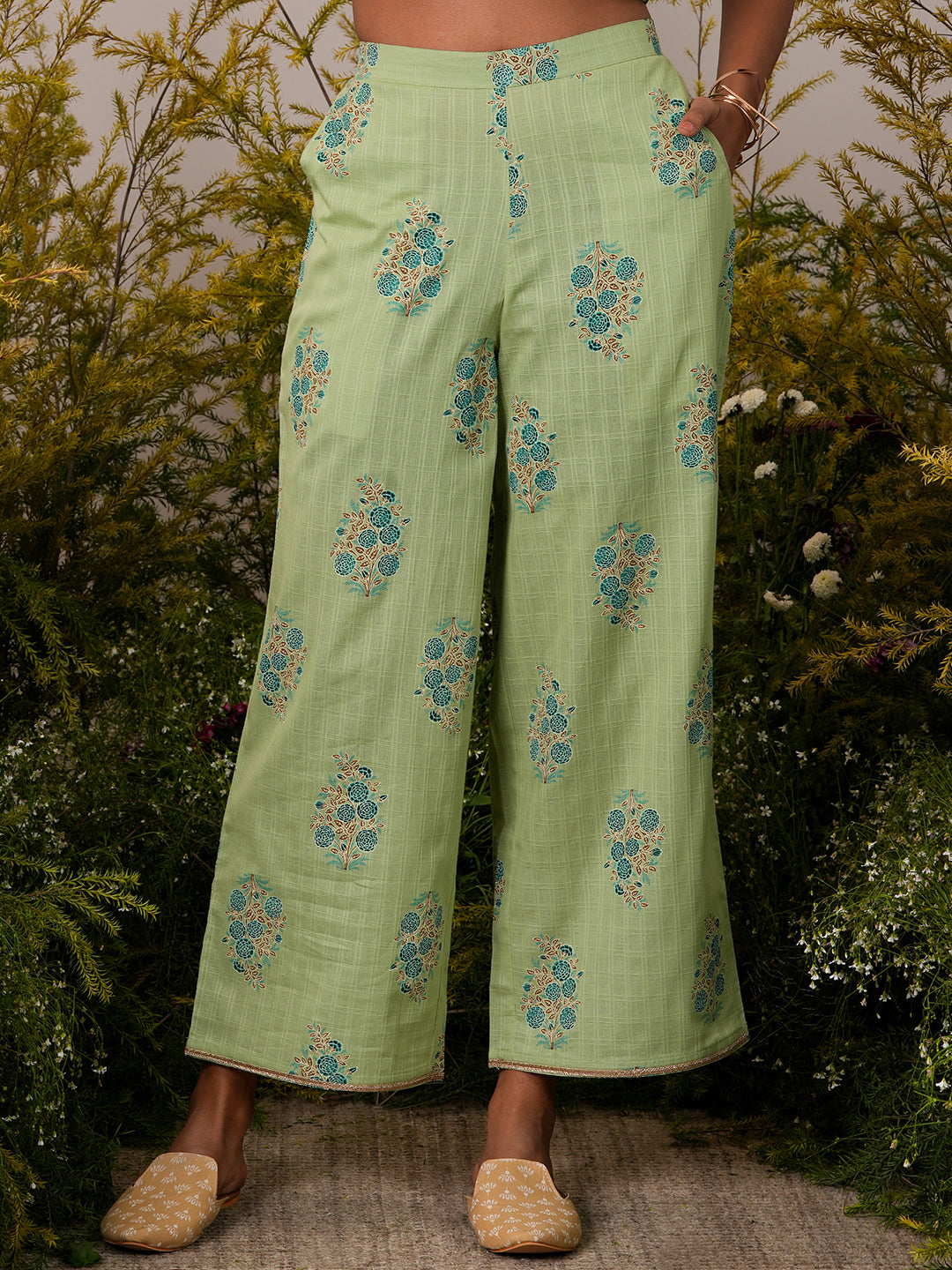 Green Printed Cotton Straight Kurta Set